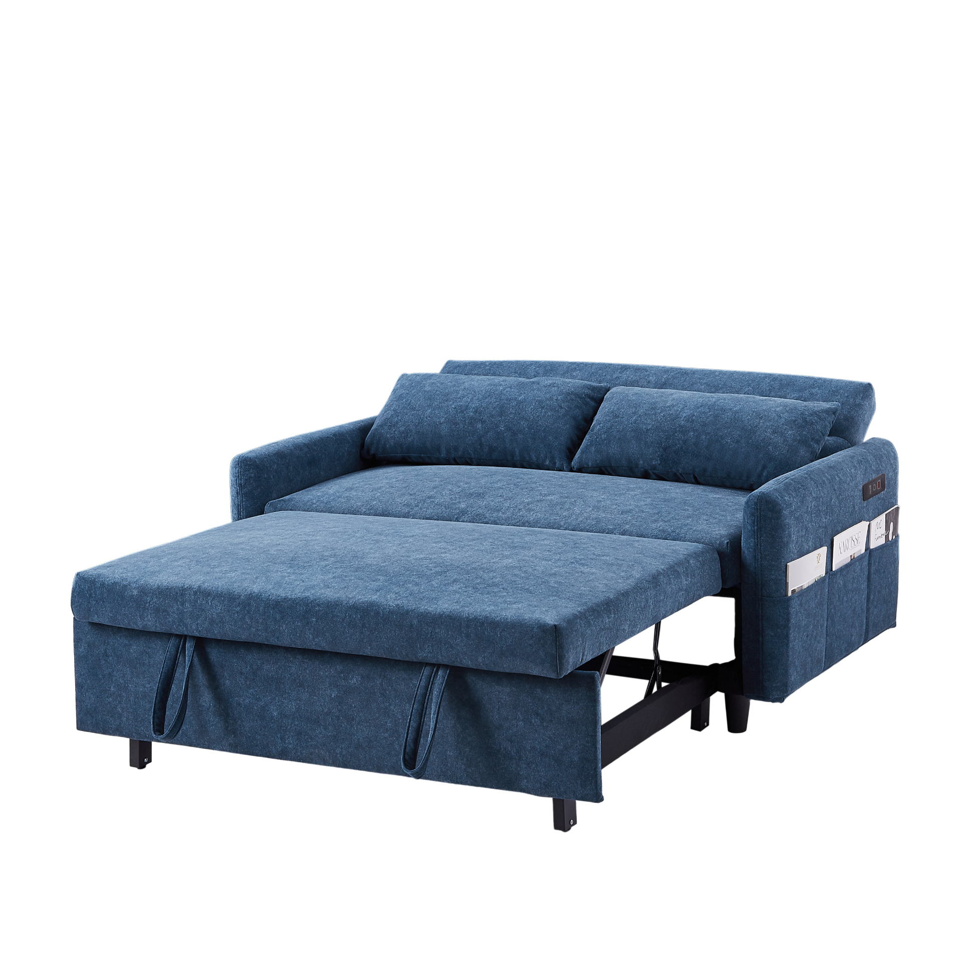 55.1" Pull Out Sleep Sofa Bed Loveseats Sofa Couch with Adjsutable Backrest, Storage Pockets, 2 Soft Pillows, USB Ports - Blue Sensual Secret Boutique