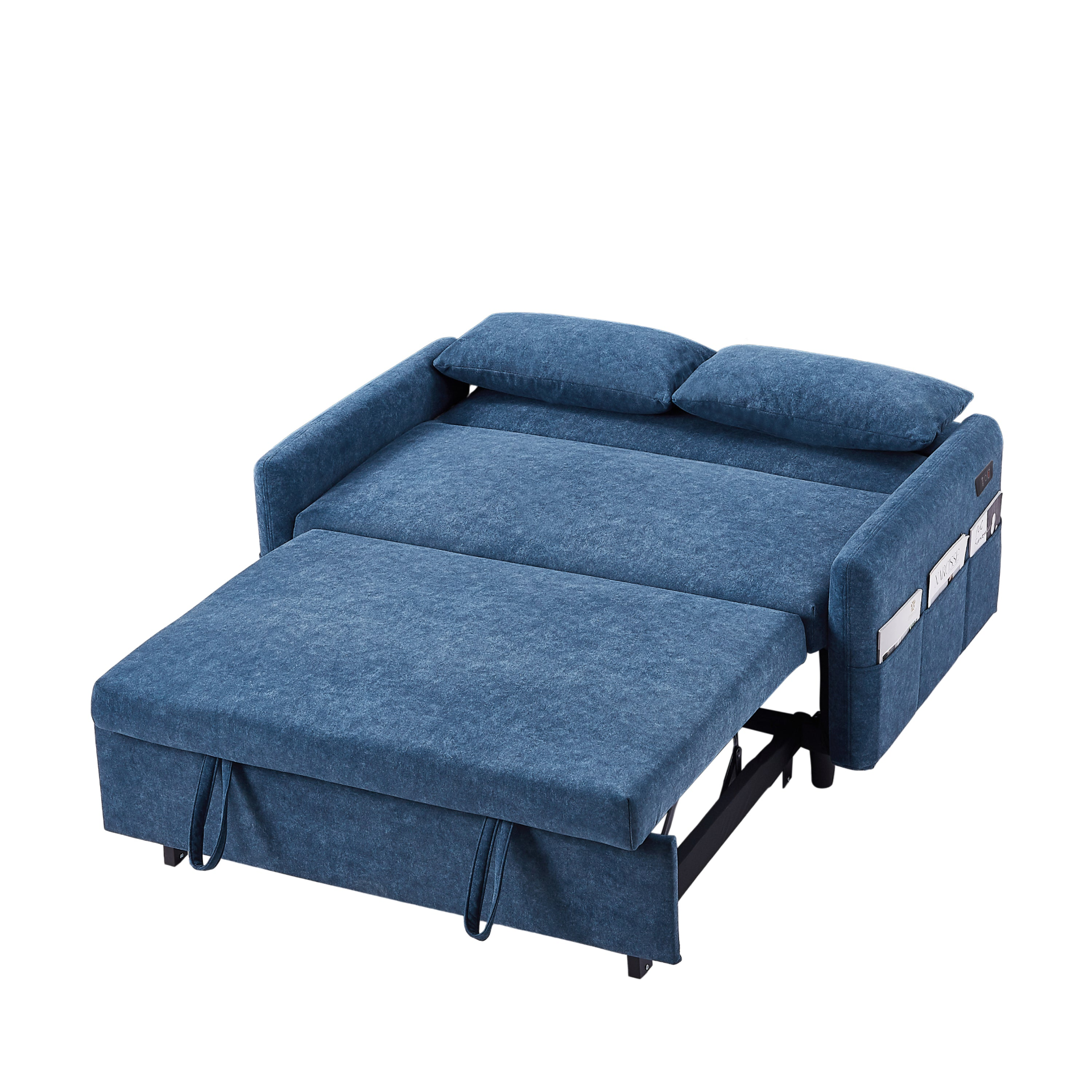 55.1" Pull Out Sleep Sofa Bed Loveseats Sofa Couch with Adjsutable Backrest, Storage Pockets, 2 Soft Pillows, USB Ports - Blue Sensual Secret Boutique