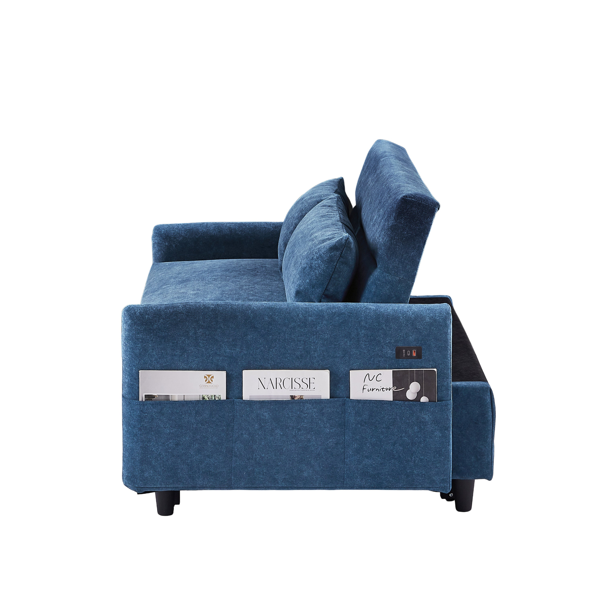 55.1" Pull Out Sleep Sofa Bed Loveseats Sofa Couch with Adjsutable Backrest, Storage Pockets, 2 Soft Pillows, USB Ports - Blue Sensual Secret Boutique