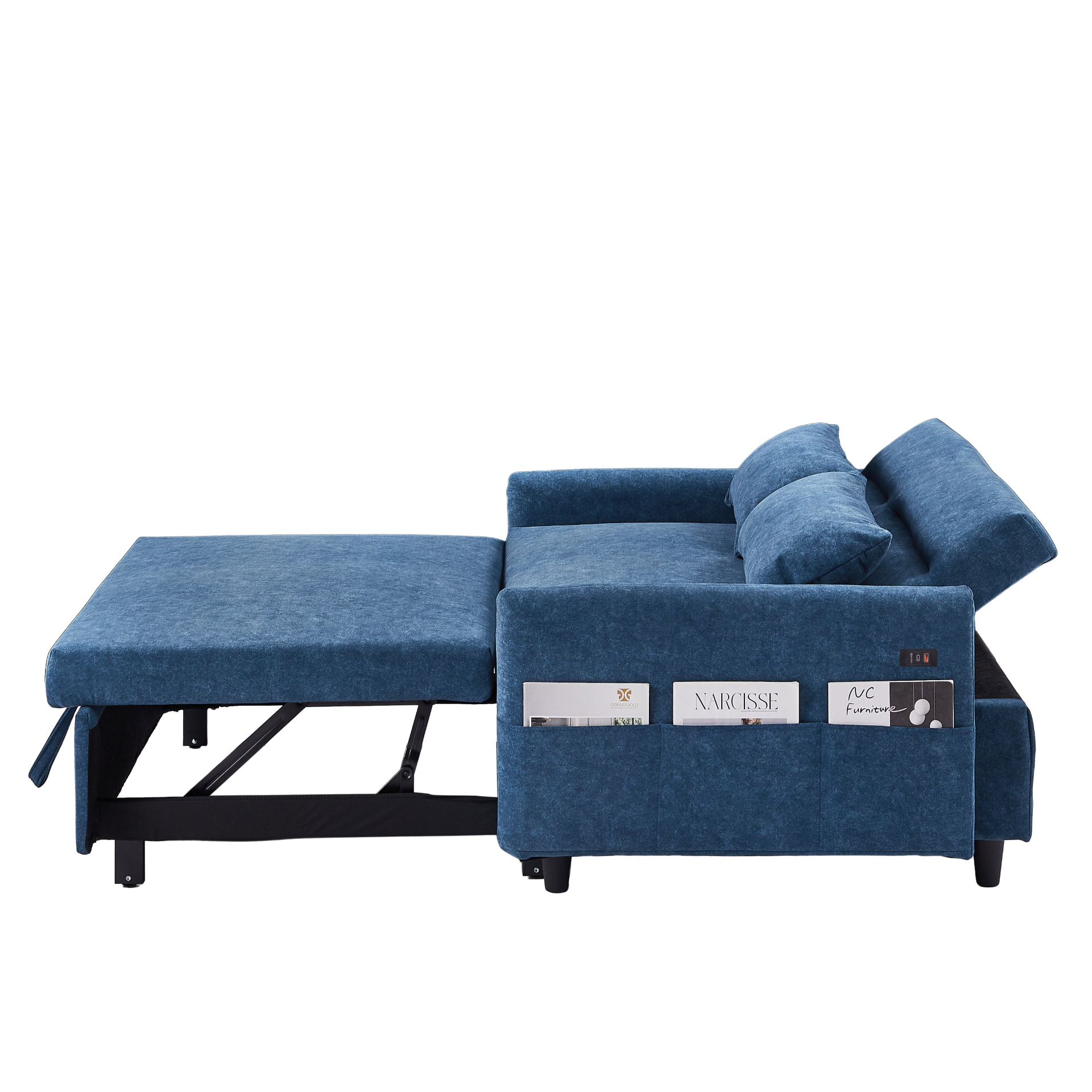 55.1" Pull Out Sleep Sofa Bed Loveseats Sofa Couch with Adjsutable Backrest, Storage Pockets, 2 Soft Pillows, USB Ports - Blue Sensual Secret Boutique