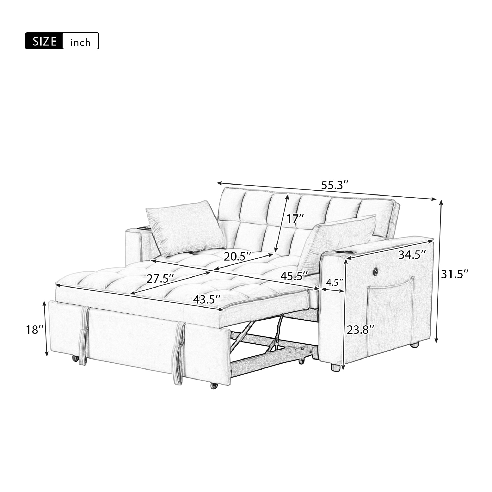 55.3" 4-1 Multi-functional Sofa Bed with Cup Holder and USB Port - Milky White Sensual Secret Boutique