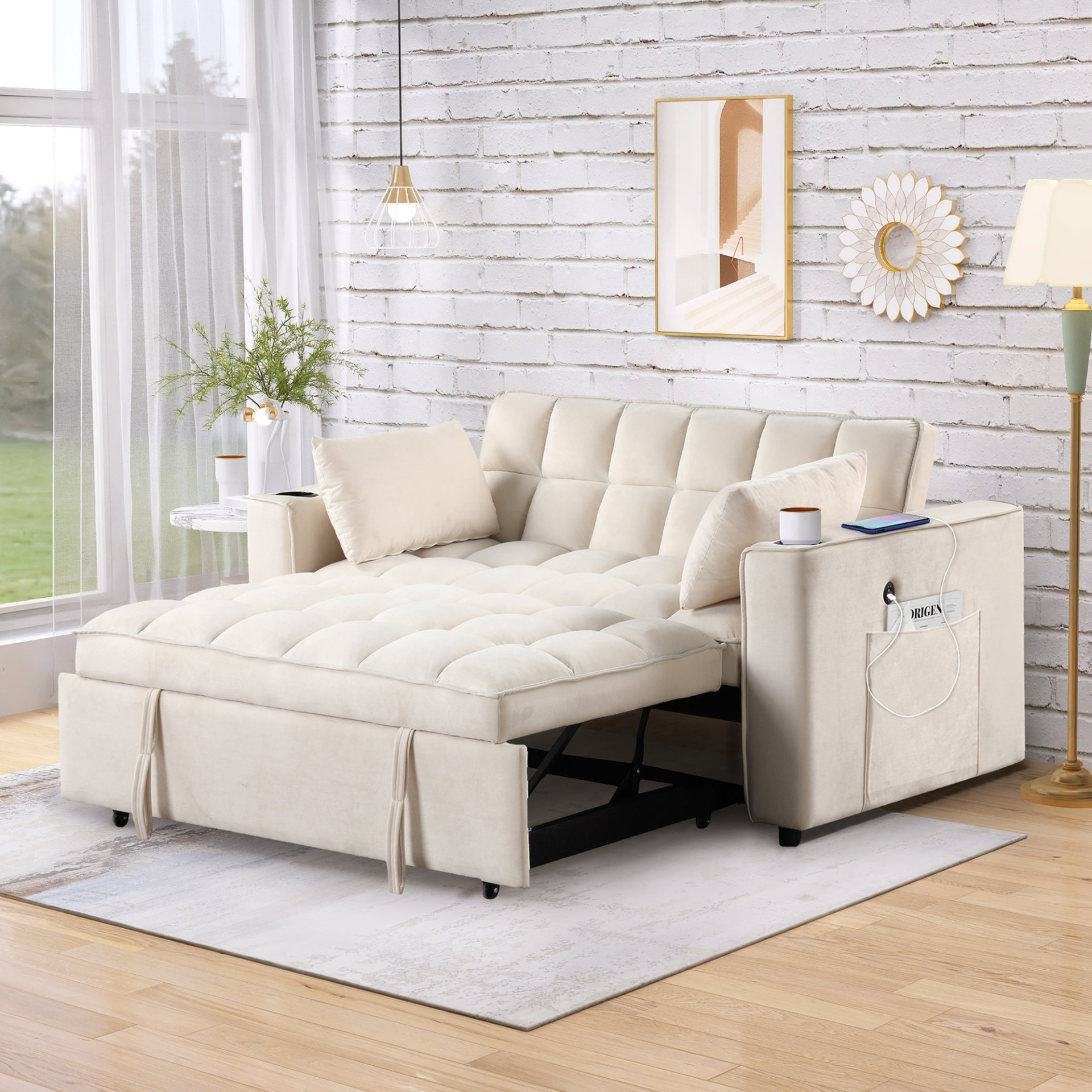 55.3" 4-1 Multi-functional Sofa Bed with Cup Holder and USB Port - Milky White Sensual Secret Boutique