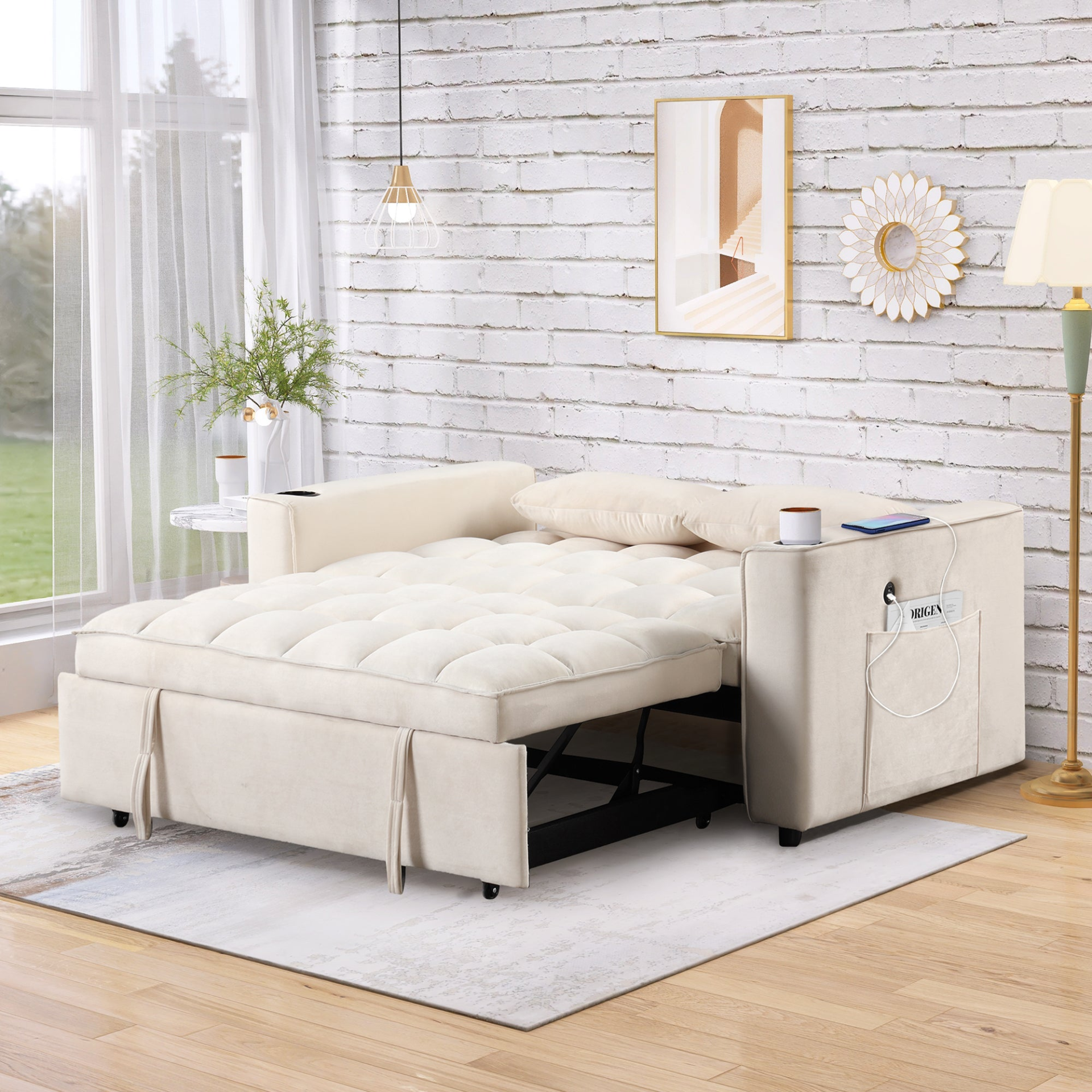 55.3" 4-1 Multi-functional Sofa Bed with Cup Holder and USB Port - Milky White Sensual Secret Boutique