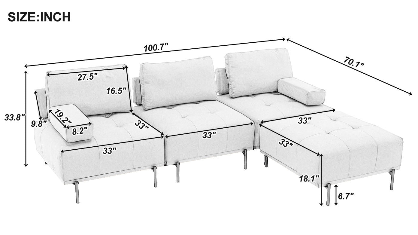 100.7'' L-Shape Sectional Sofa | Comfortable Fabric, Removable Ottoman, Grey Sensual Secret Boutique