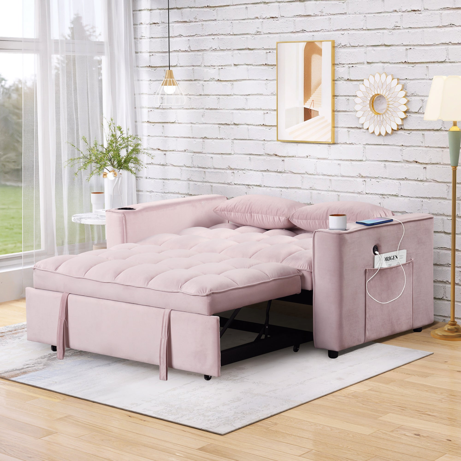 55.3" 4-1 Multi-functional Sofa Bed with Cup Holder and USB Port - Pink Sensual Secret Boutique