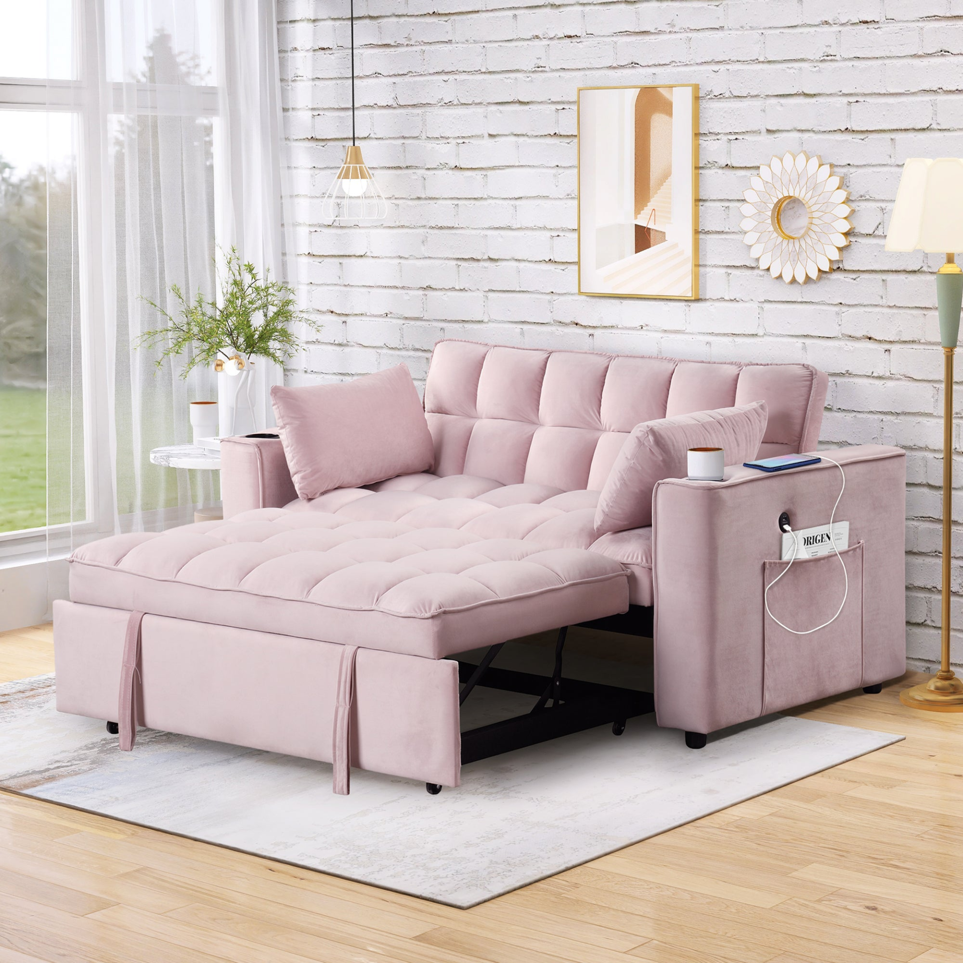 55.3" 4-1 Multi-functional Sofa Bed with Cup Holder and USB Port - Pink Sensual Secret Boutique