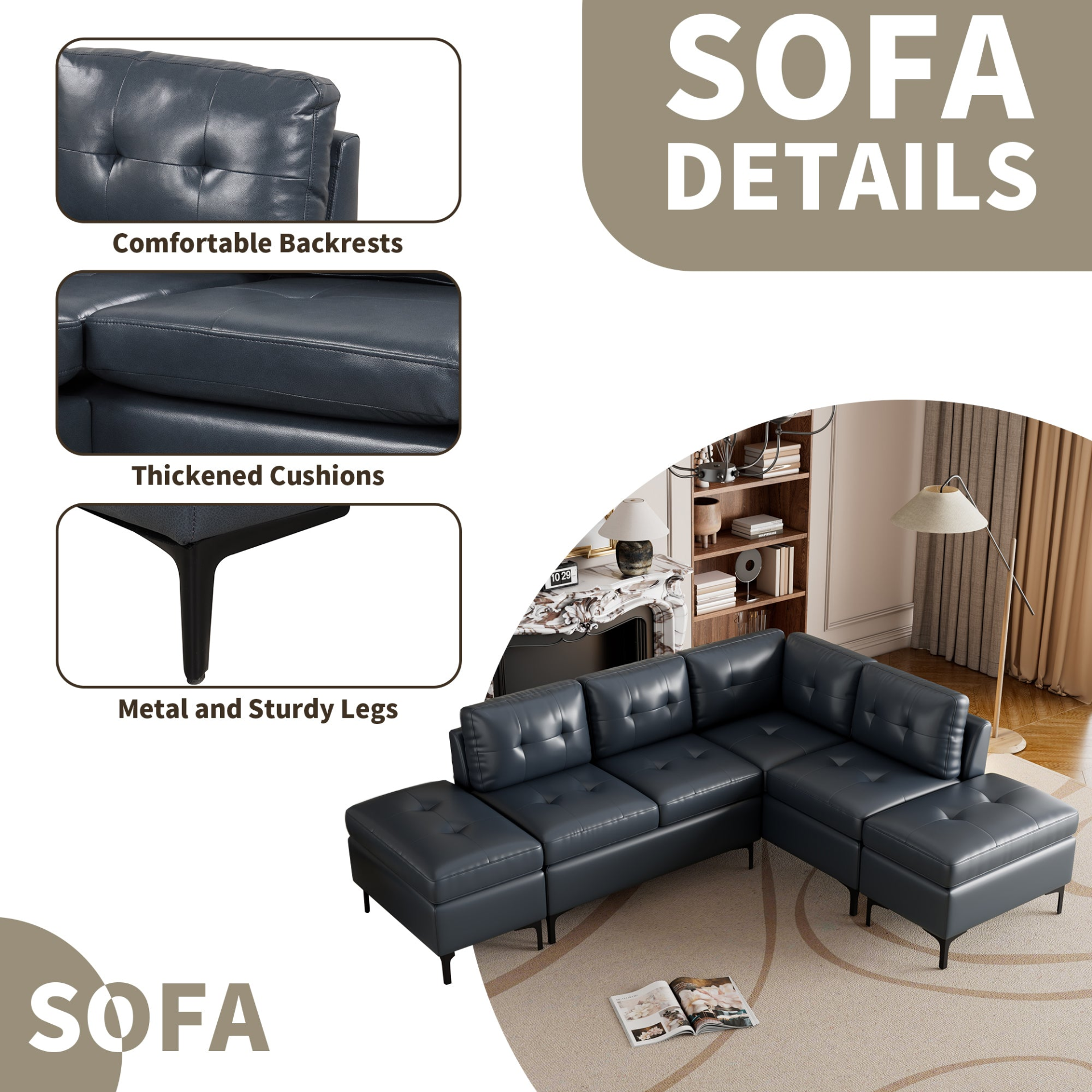 94.88" L-Shaped Corner Sofa Pu Leather Sectional Sofa Couch with Movable Storage Ottomans for Living Room, Blue Sensual Secret Boutique