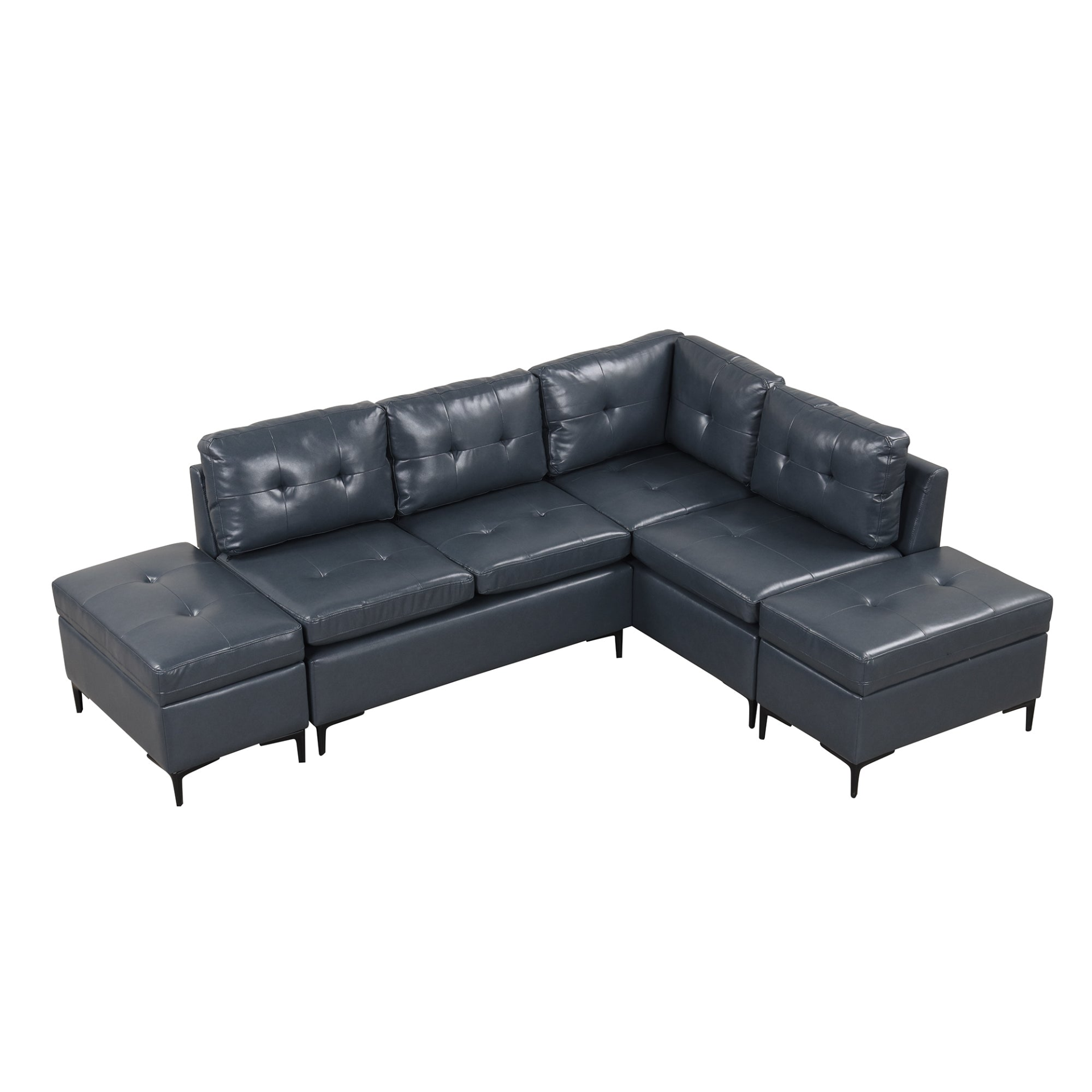 94.88" L-Shaped Corner Sofa Pu Leather Sectional Sofa Couch with Movable Storage Ottomans for Living Room, Blue Sensual Secret Boutique