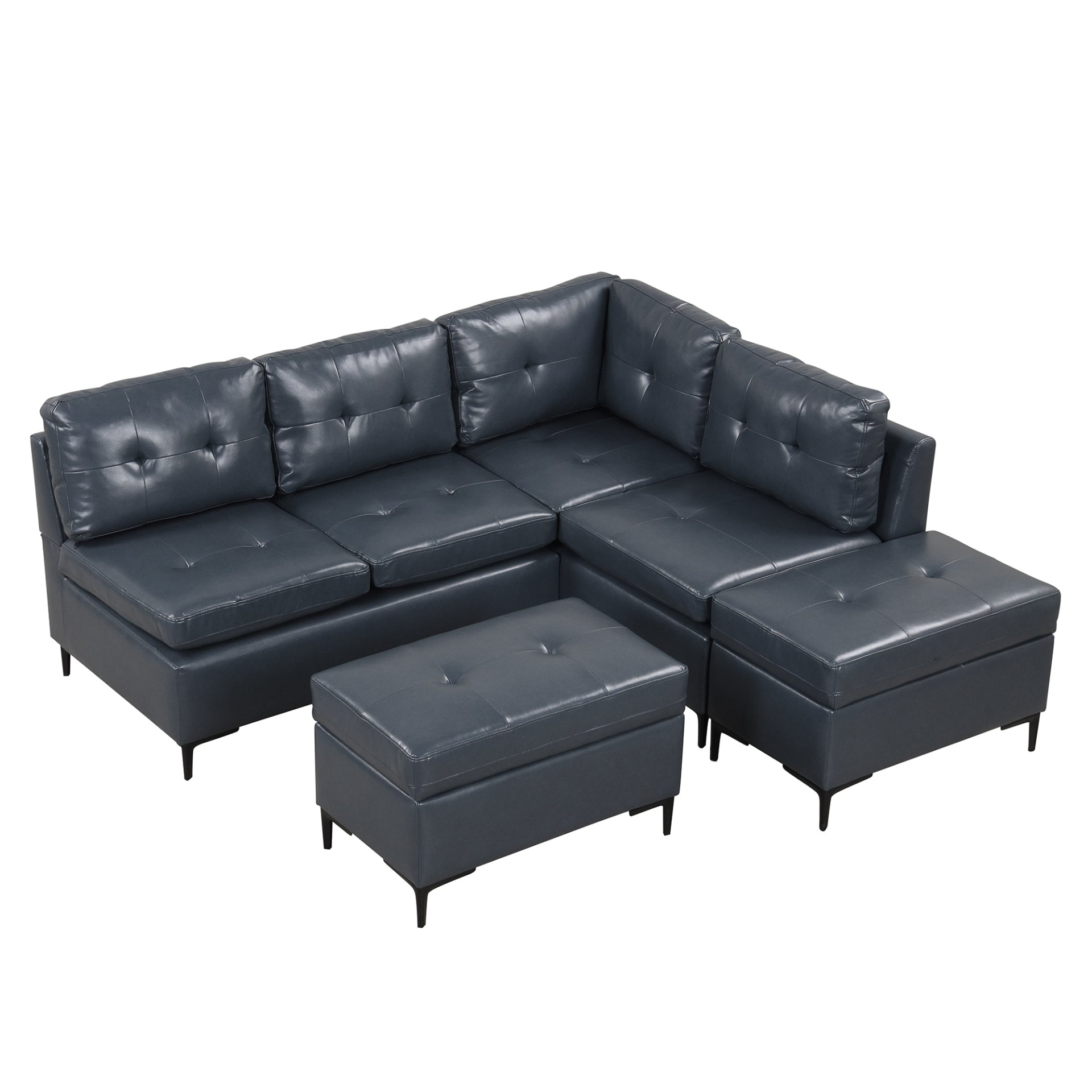 94.88" L-Shaped Corner Sofa Pu Leather Sectional Sofa Couch with Movable Storage Ottomans for Living Room, Blue Sensual Secret Boutique