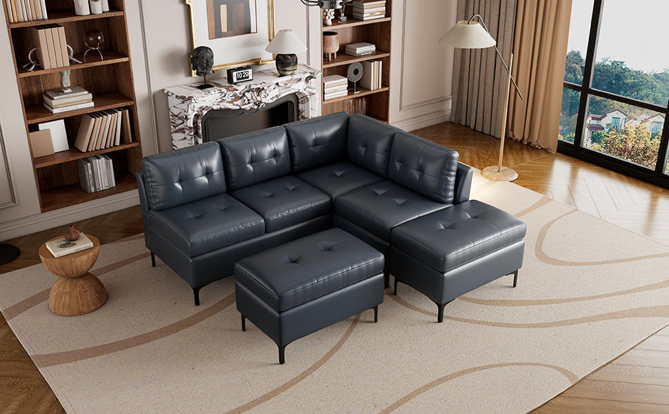 94.88" L-Shaped Corner Sofa Pu Leather Sectional Sofa Couch with Movable Storage Ottomans for Living Room, Blue Sensual Secret Boutique