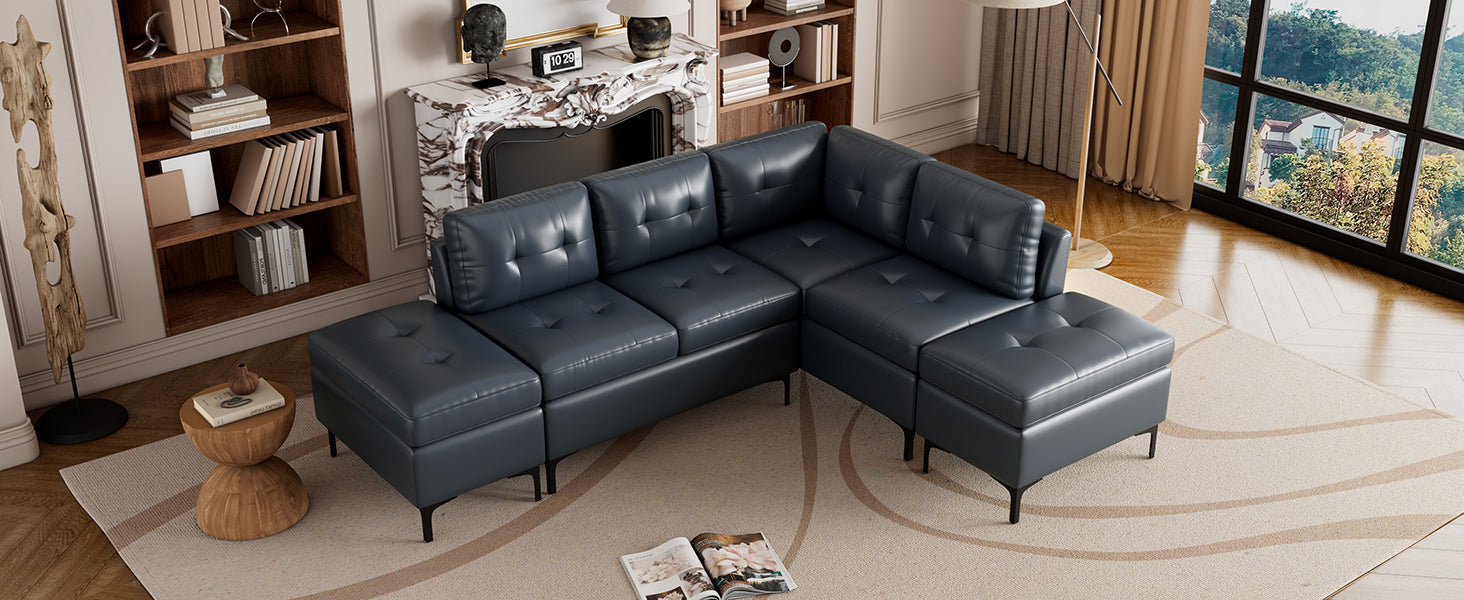 94.88" L-Shaped Corner Sofa Pu Leather Sectional Sofa Couch with Movable Storage Ottomans for Living Room, Blue Sensual Secret Boutique