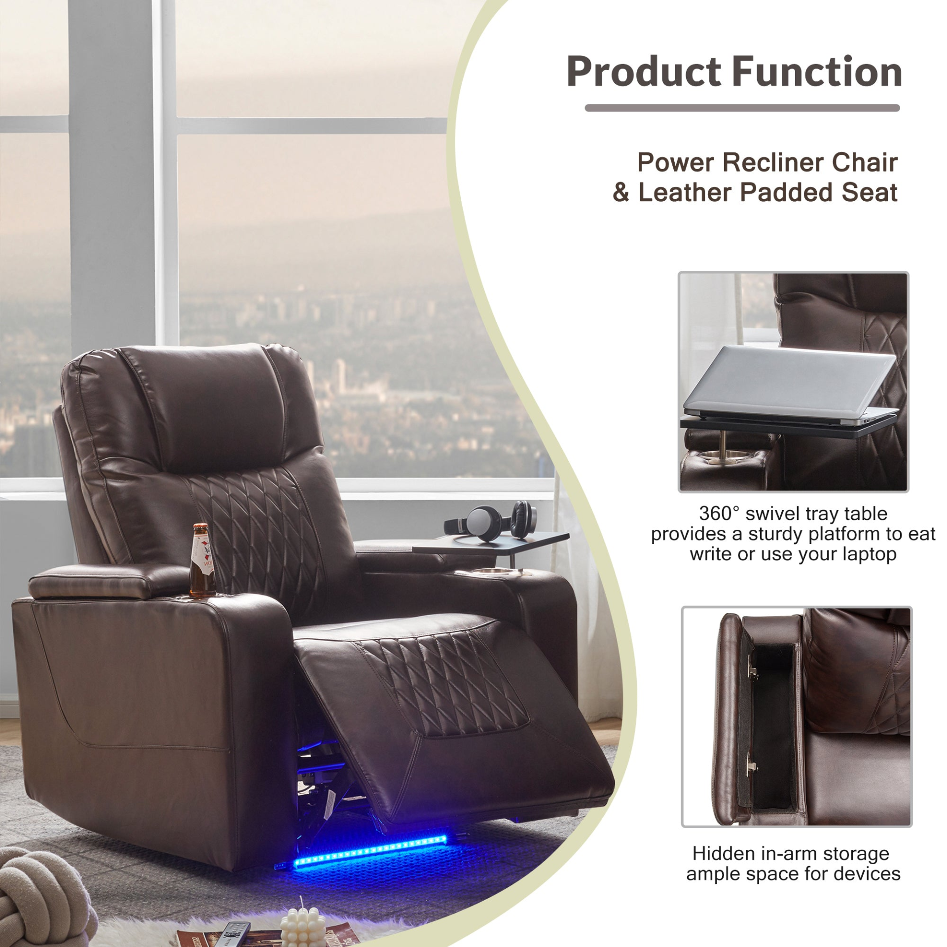 Power Motion Recliner with USB Charging Port and Hidden Arm Storage, Brown Sensual Secret Boutique