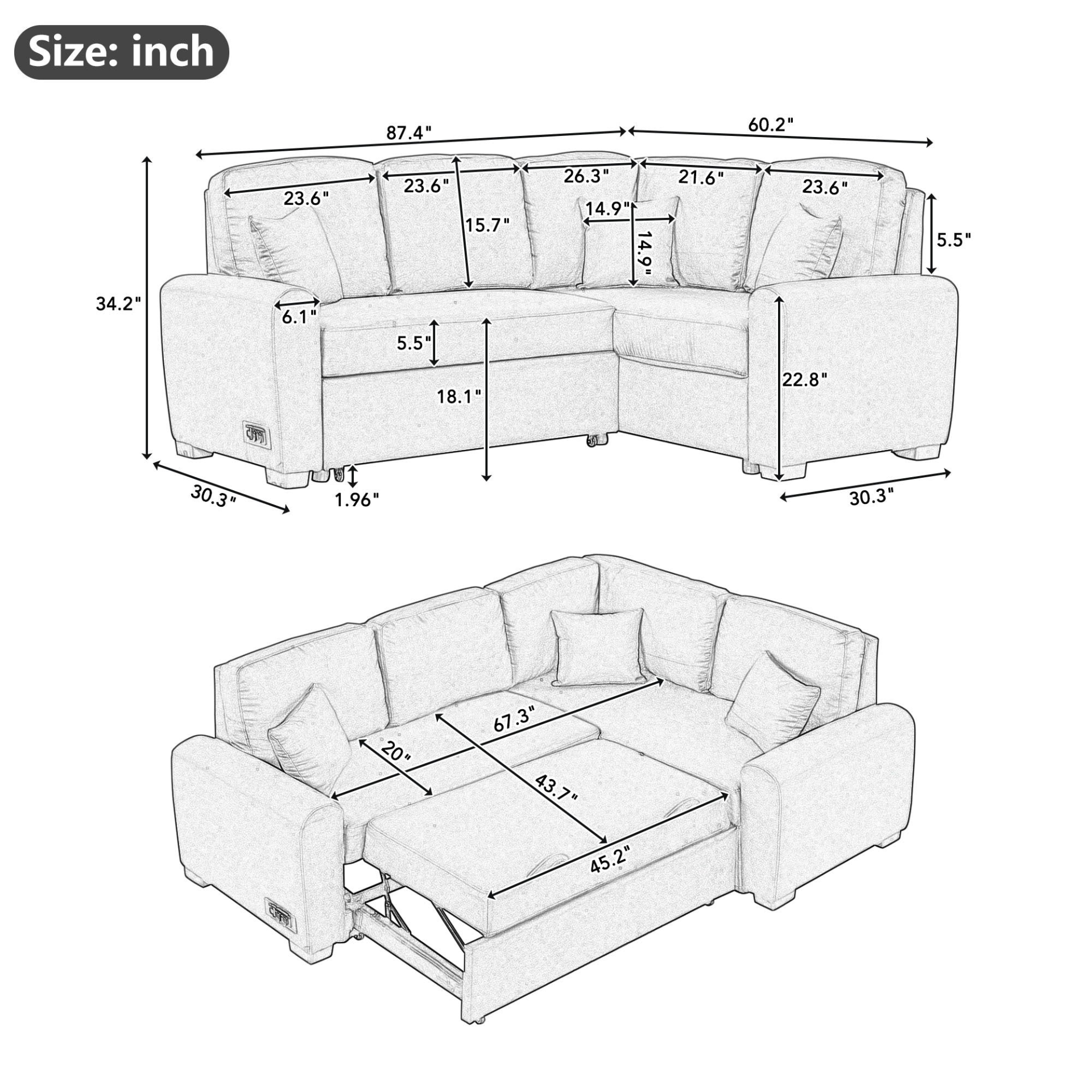 87.4" Sectional Sleeper Sofa with USB Charging Port and Plug Outlet Sensual Secret Boutique