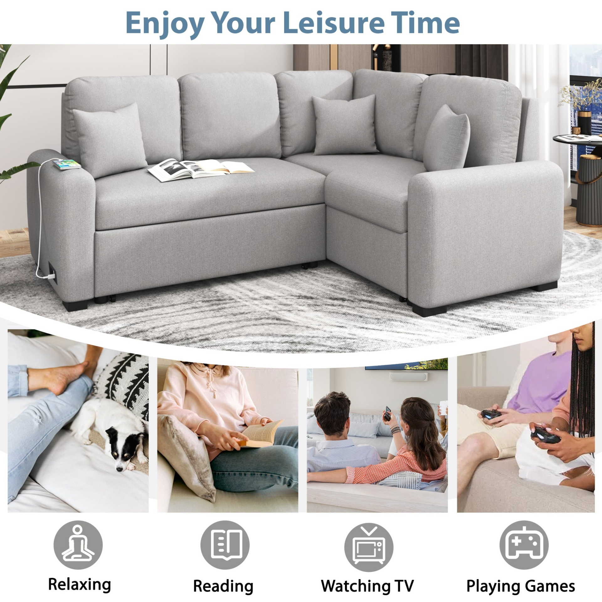 87.4" Sectional Sleeper Sofa with USB Charging Port and Plug Outlet Sensual Secret Boutique