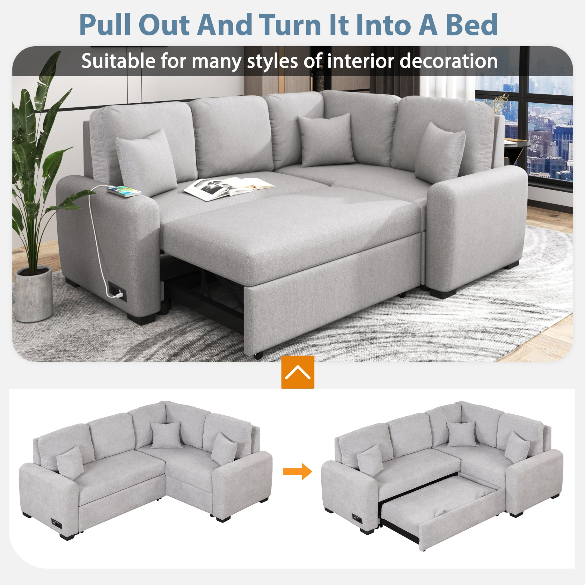 87.4" Sectional Sleeper Sofa with USB Charging Port and Plug Outlet Sensual Secret Boutique