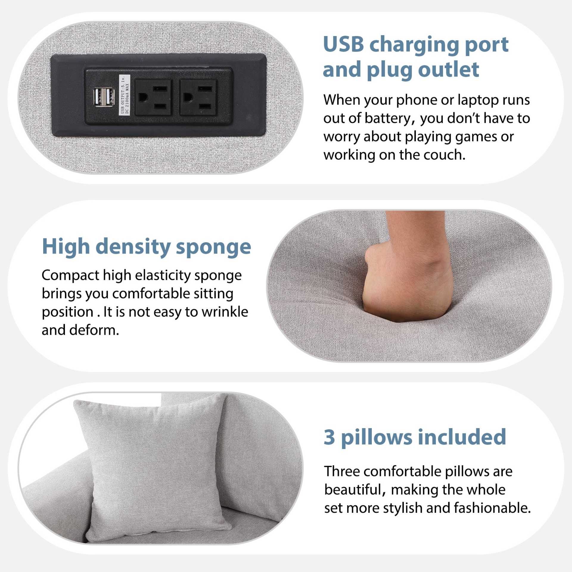 87.4" Sectional Sleeper Sofa with USB Charging Port and Plug Outlet Sensual Secret Boutique