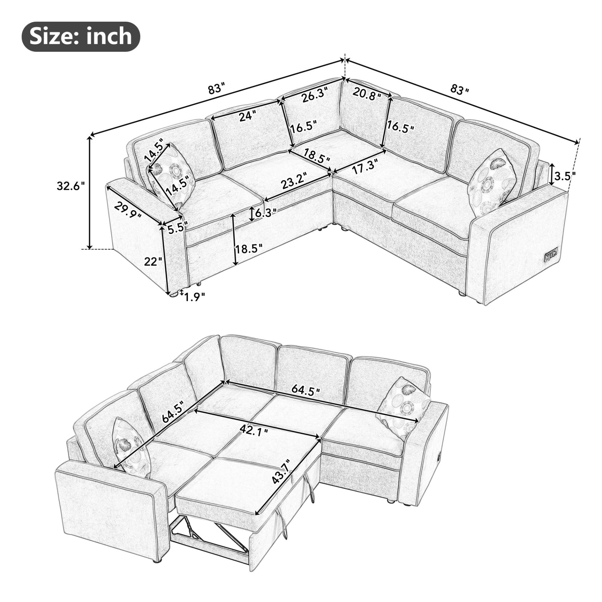 83" L-Shaped Pull Out Sofa Bed Modern Convertible Sleeper Sofa with USB Ports, Power Sockets, and Pillows - Cream Sensual Secret Boutique