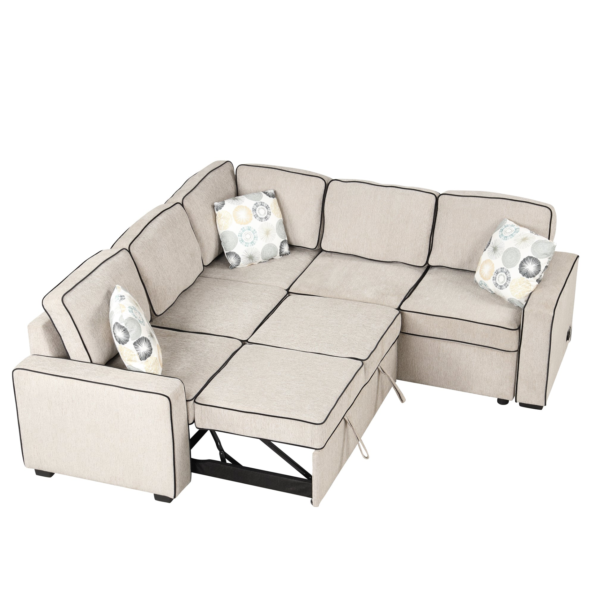 83" L-Shaped Pull Out Sofa Bed Modern Convertible Sleeper Sofa with USB Ports, Power Sockets, and Pillows - Cream Sensual Secret Boutique