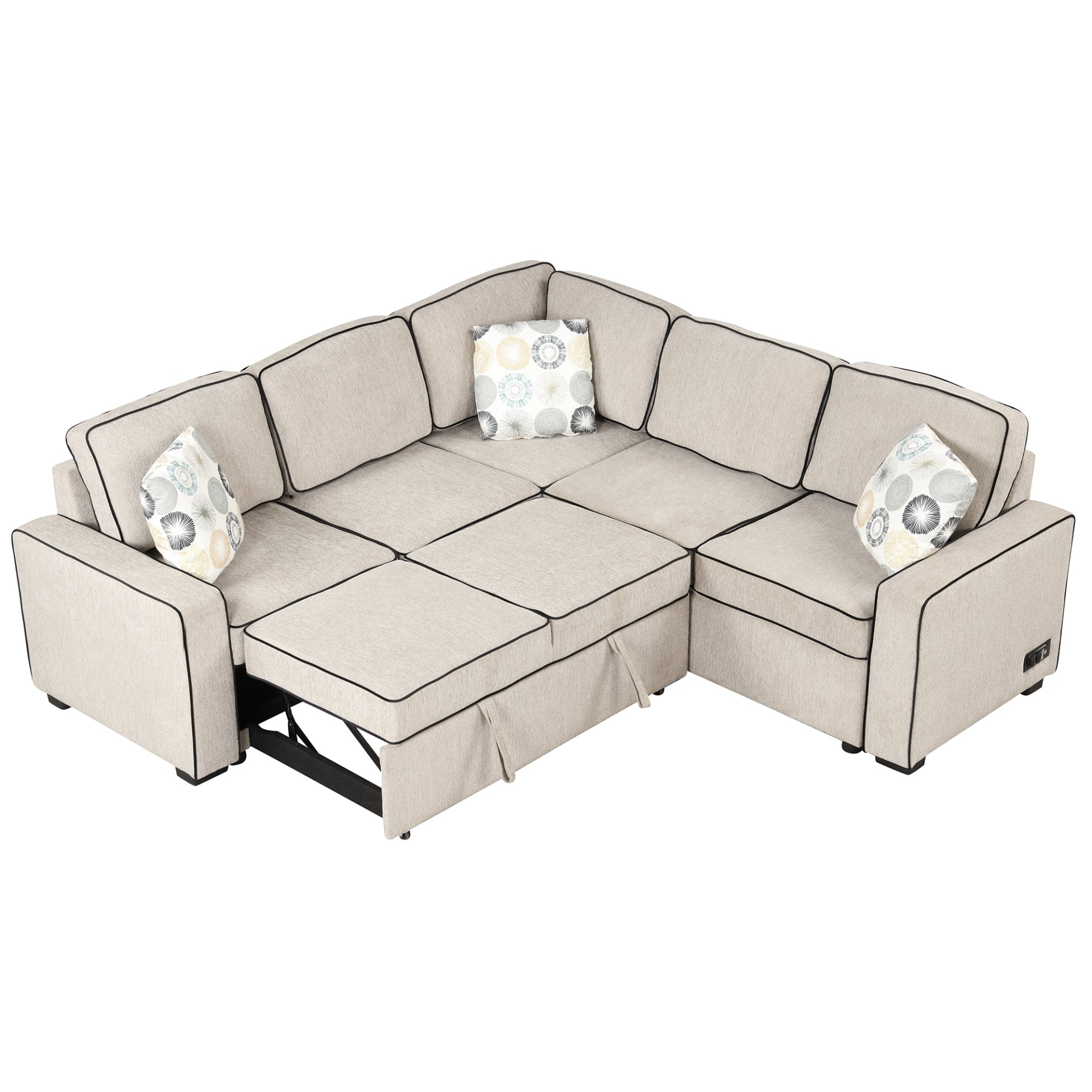 83" L-Shaped Pull Out Sofa Bed Modern Convertible Sleeper Sofa with USB Ports, Power Sockets, and Pillows - Cream Sensual Secret Boutique