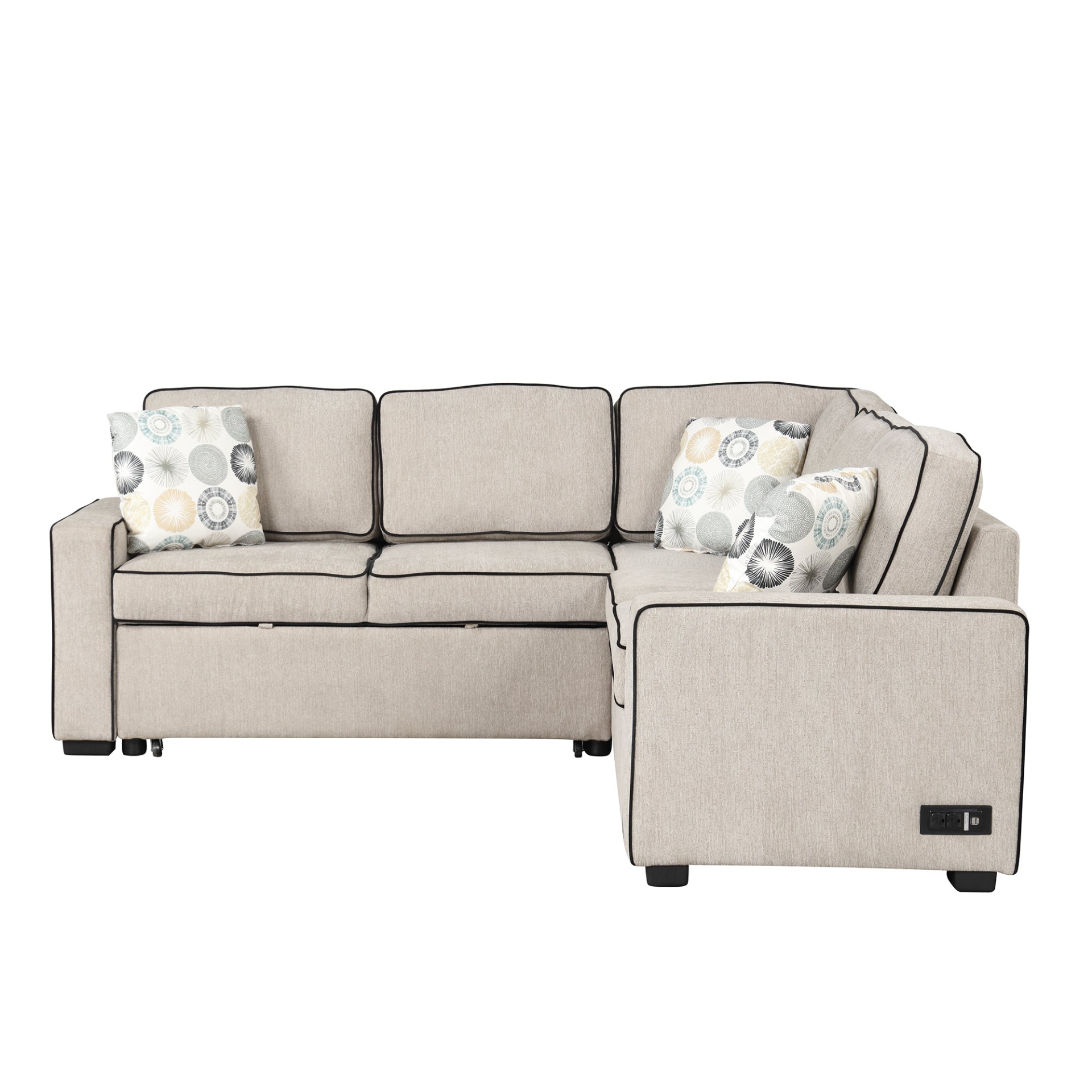 83" L-Shaped Pull Out Sofa Bed Modern Convertible Sleeper Sofa with USB Ports, Power Sockets, and Pillows - Cream Sensual Secret Boutique