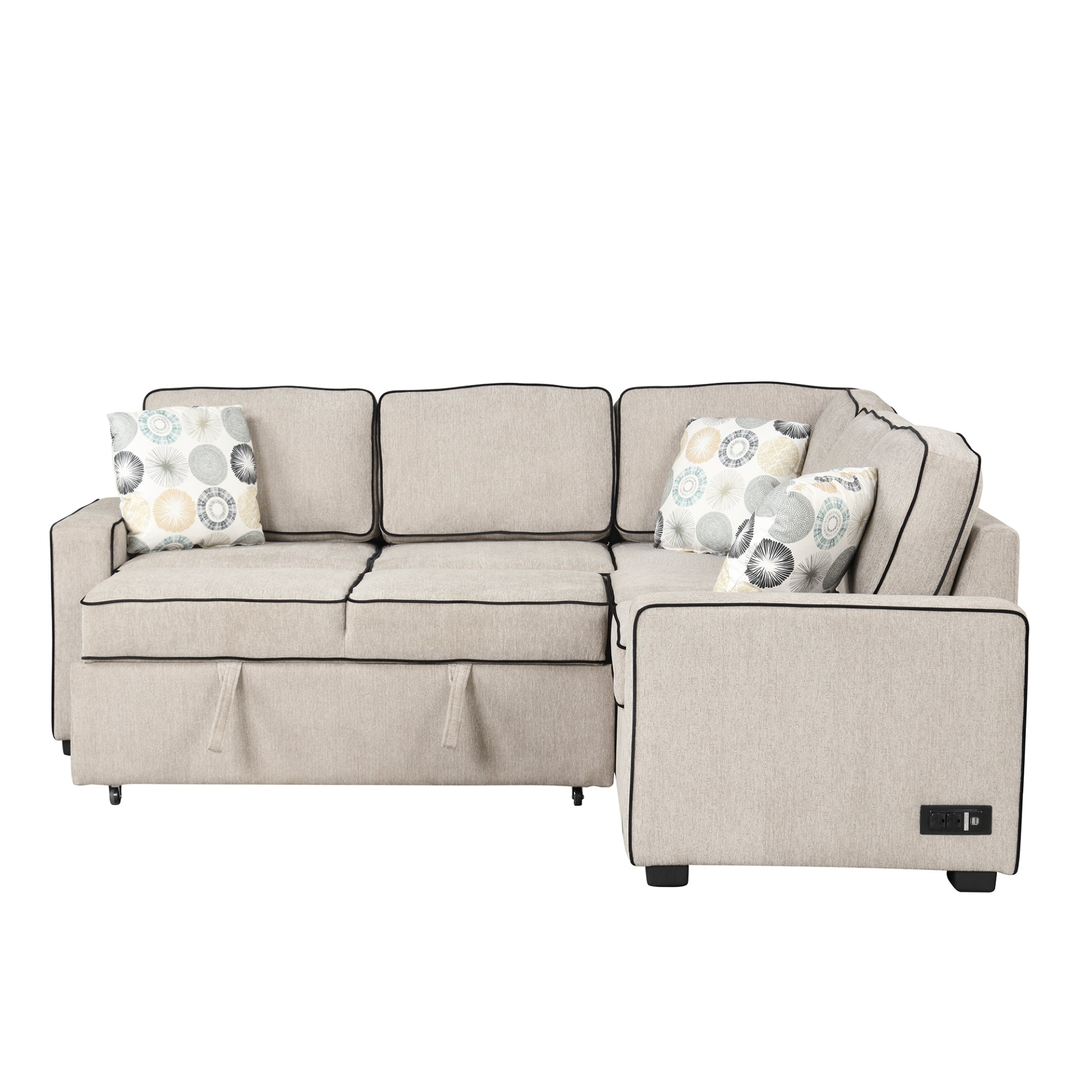 83" L-Shaped Pull Out Sofa Bed Modern Convertible Sleeper Sofa with USB Ports, Power Sockets, and Pillows - Cream Sensual Secret Boutique