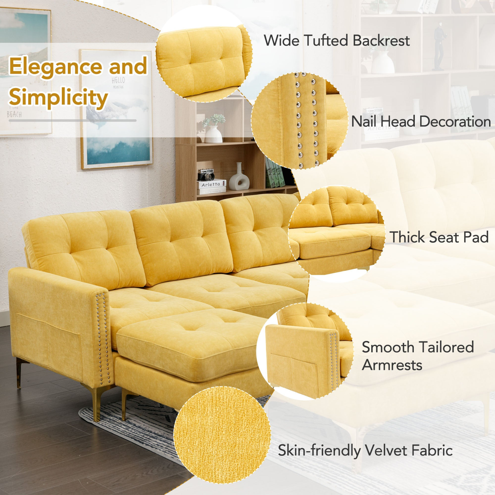 110" L-Shape Convertible Sectional Sofa Couch with Movable Ottoman, Yellow - Elegant and Comfortable | YourStore Sensual Secret Boutique