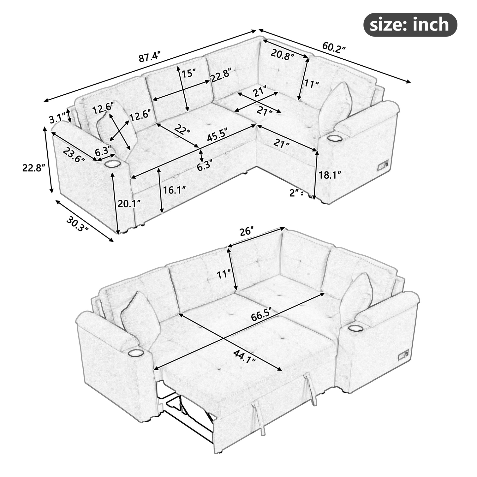 87.4" L-shape Sofa Bed Pull-out Sleeper Sofa with Wheels, USB Ports, Power Sockets for Living Room, Grey Sensual Secret Boutique