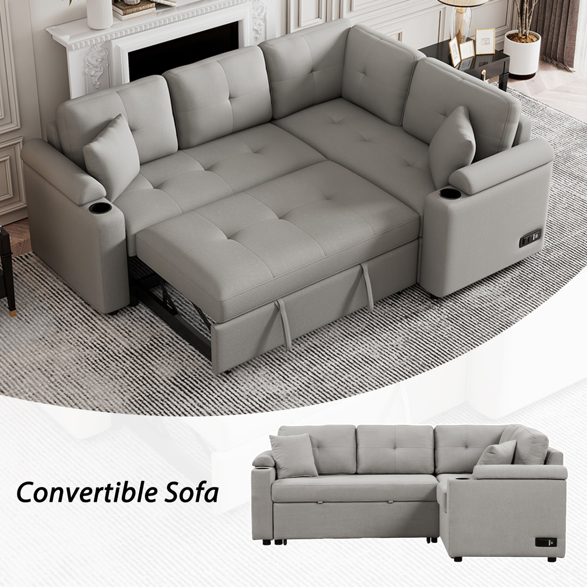 87.4" L-shape Sofa Bed Pull-out Sleeper Sofa with Wheels, USB Ports, Power Sockets for Living Room, Grey Sensual Secret Boutique