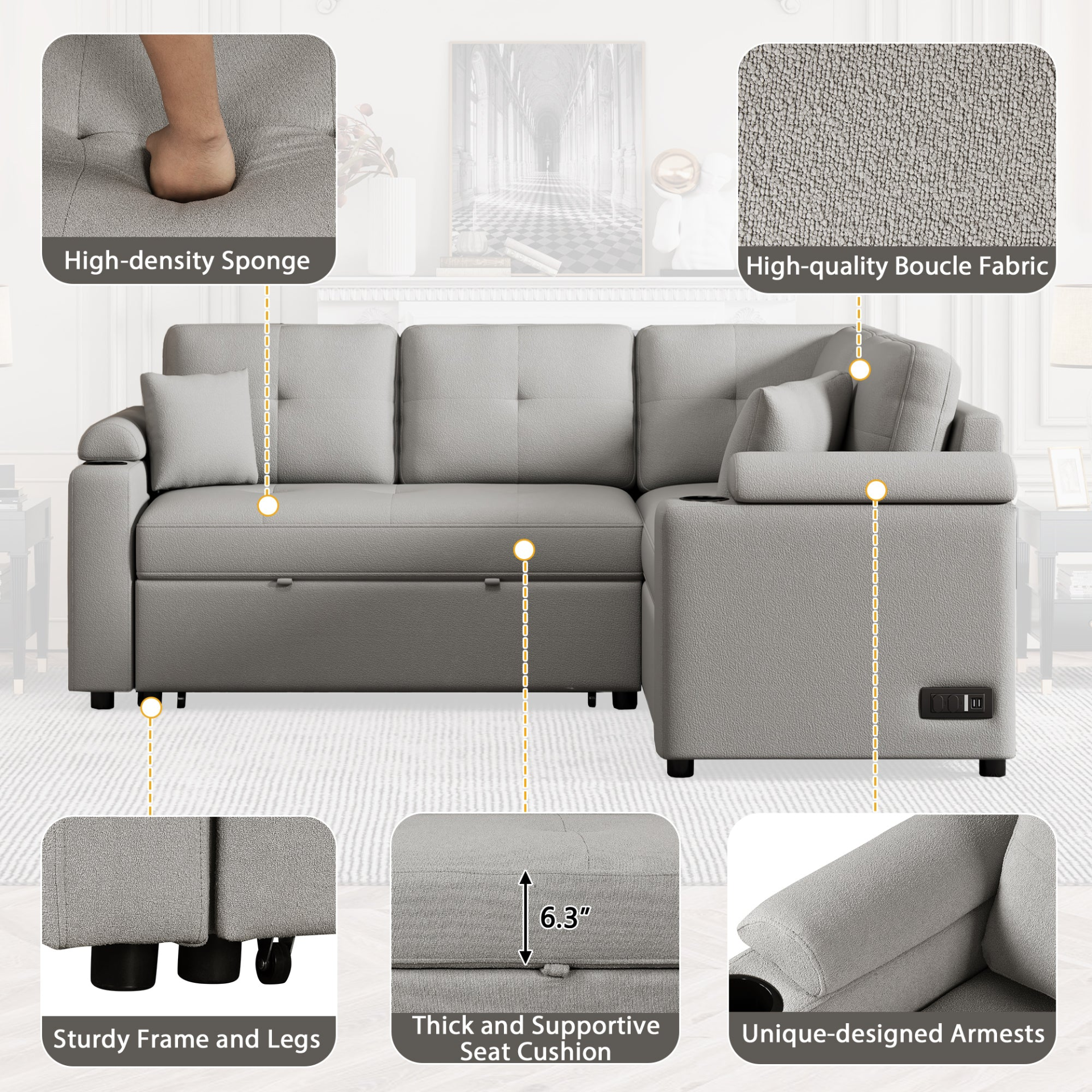 87.4" L-shape Sofa Bed Pull-out Sleeper Sofa with Wheels, USB Ports, Power Sockets for Living Room, Grey Sensual Secret Boutique