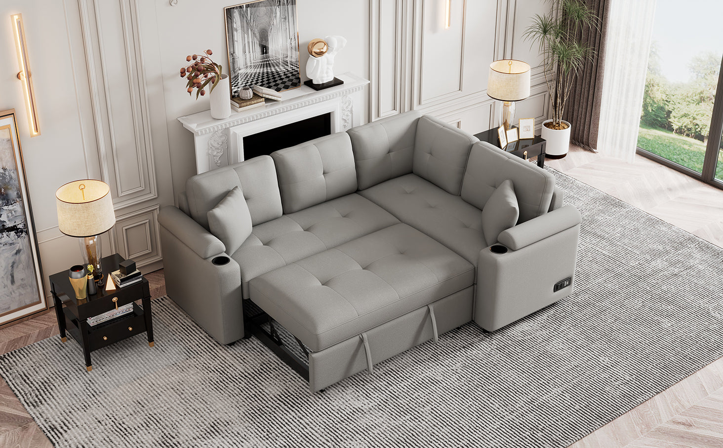 87.4" L-shape Sofa Bed Pull-out Sleeper Sofa with Wheels, USB Ports, Power Sockets for Living Room, Grey Sensual Secret Boutique