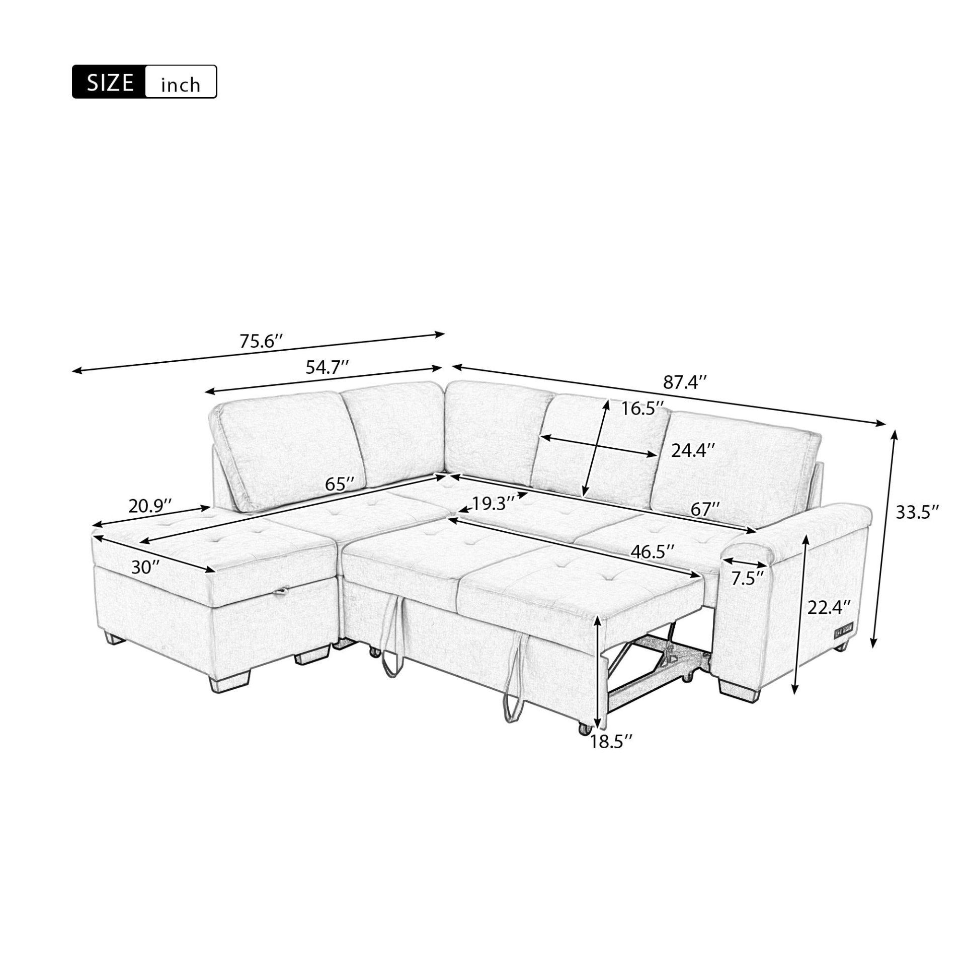 Sleeper Sectional Sofa, L-Shape Corner Couch Sofa-Bed with Storage Ottoman & Hidden Arm Storage & USB Charge, Black Sensual Secret Boutique