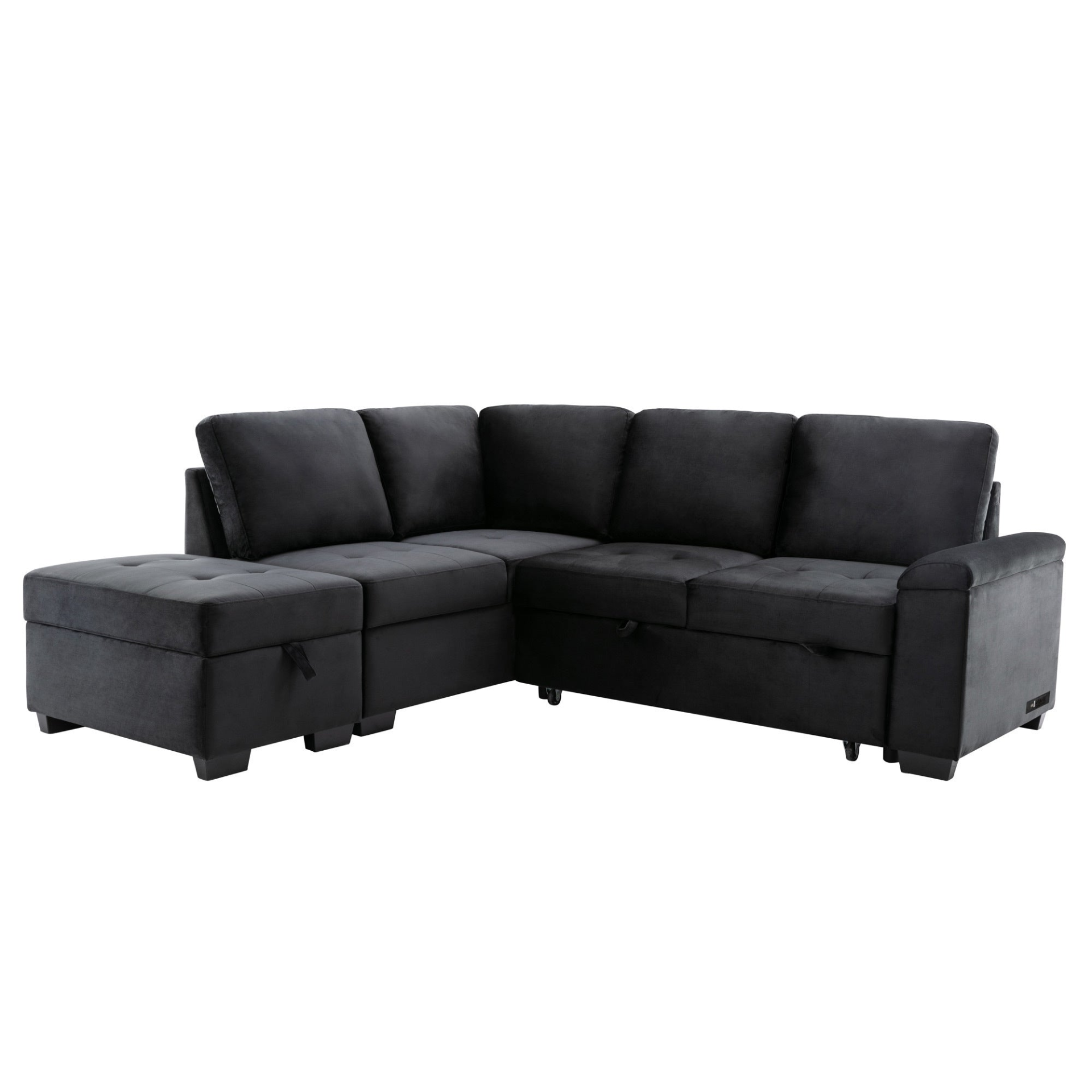 Sleeper Sectional Sofa, L-Shape Corner Couch Sofa-Bed with Storage Ottoman & Hidden Arm Storage & USB Charge, Black Sensual Secret Boutique