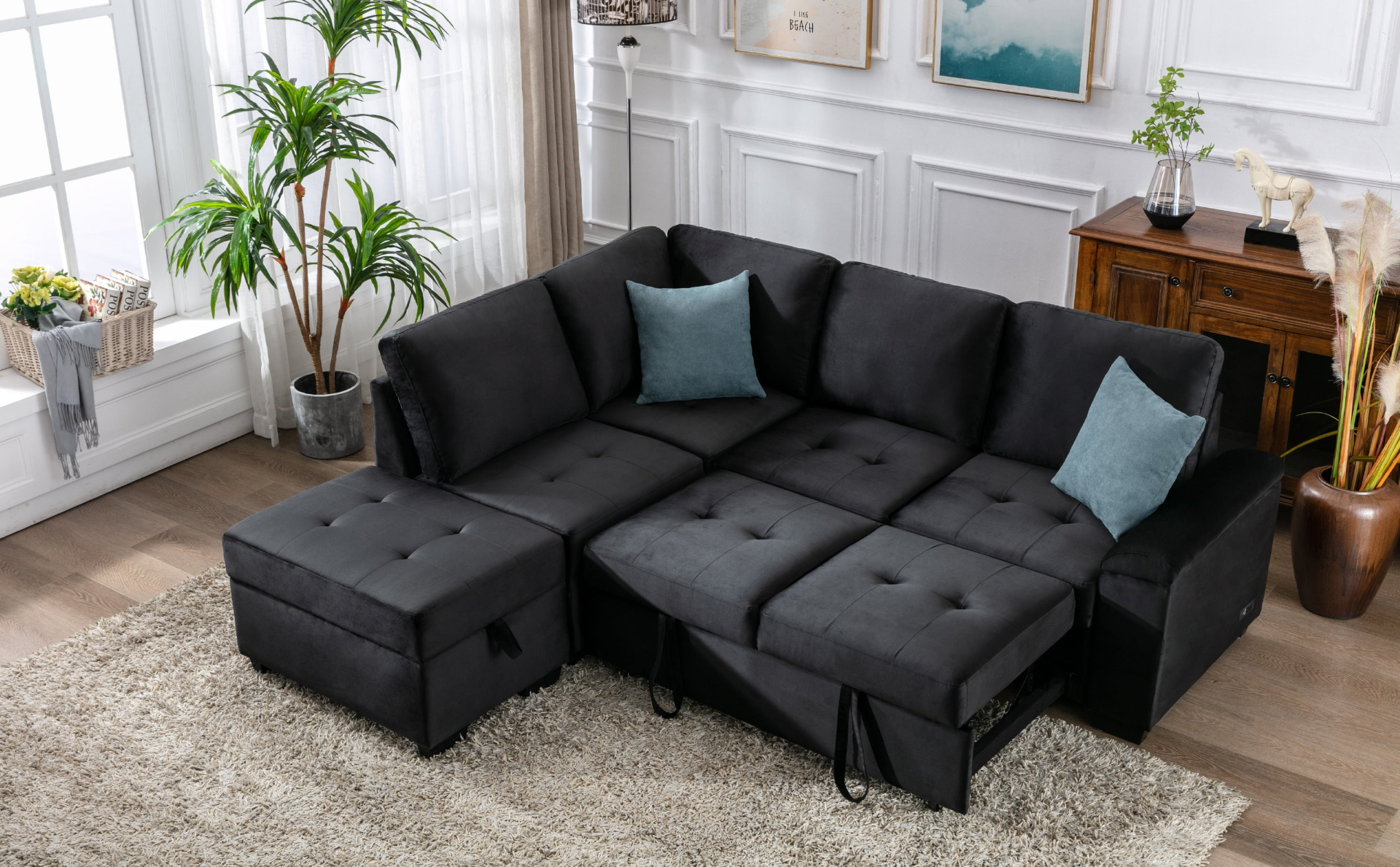 Sleeper Sectional Sofa, L-Shape Corner Couch Sofa-Bed with Storage Ottoman & Hidden Arm Storage & USB Charge, Black Sensual Secret Boutique