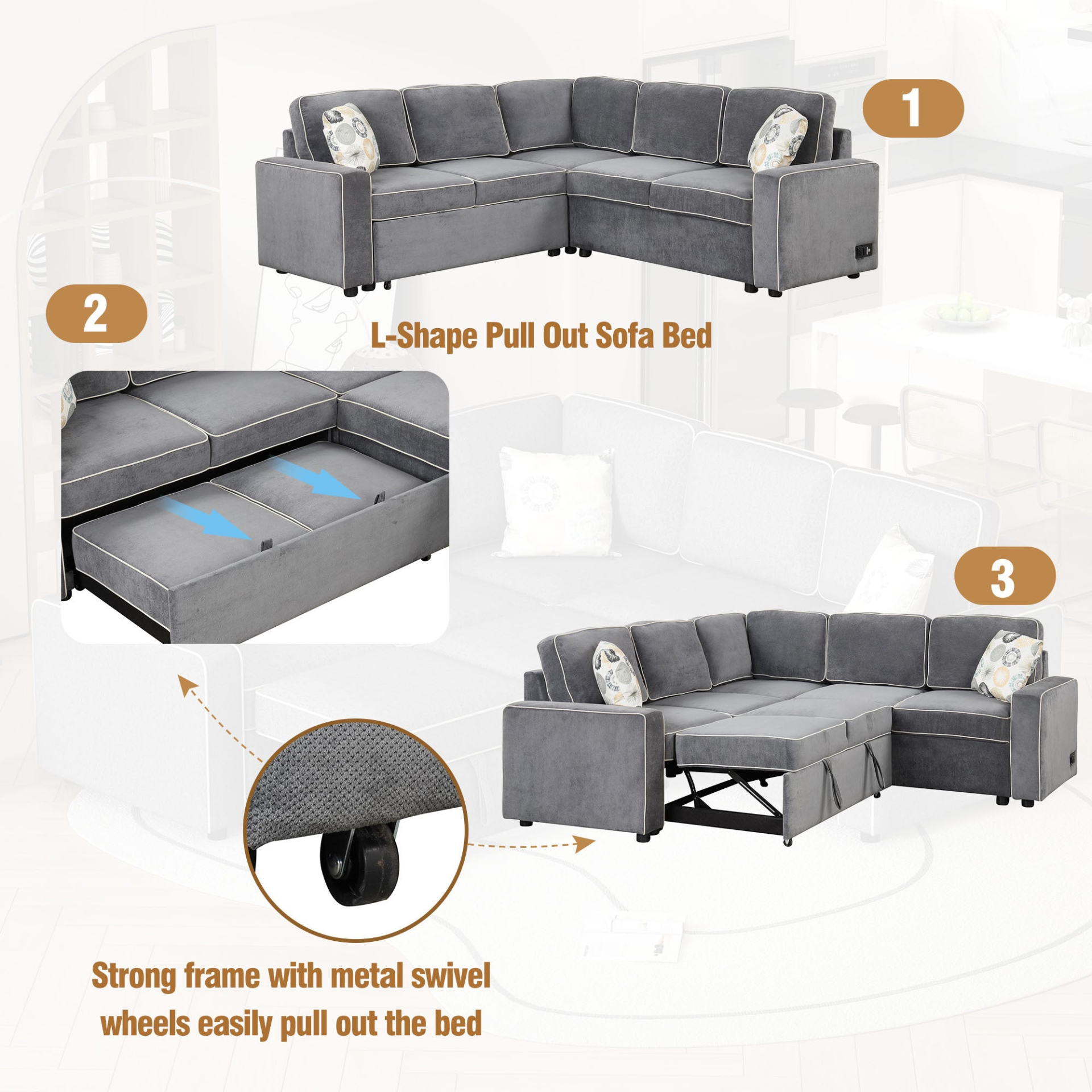 83" L-Shaped Pull Out Sofa Bed Modern Convertible Sleeper Sofa with USB Ports, Power Sockets, and Pillows - Gray Sensual Secret Boutique