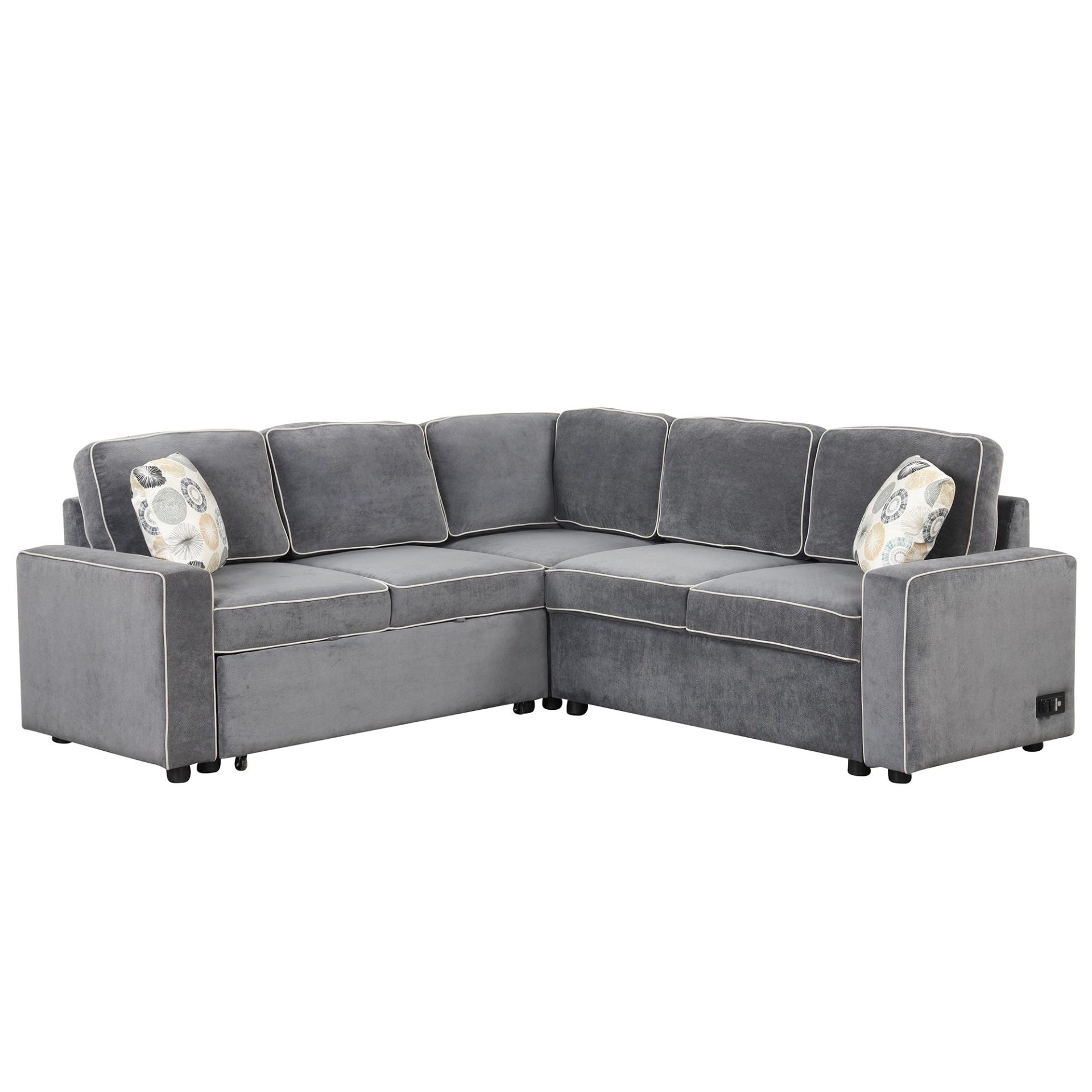 83" L-Shaped Pull Out Sofa Bed Modern Convertible Sleeper Sofa with USB Ports, Power Sockets, and Pillows - Gray Sensual Secret Boutique