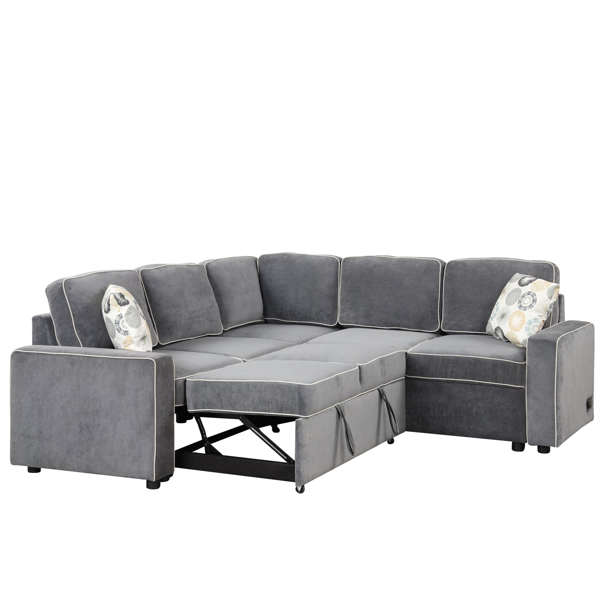 83" L-Shaped Pull Out Sofa Bed Modern Convertible Sleeper Sofa with USB Ports, Power Sockets, and Pillows - Gray Sensual Secret Boutique