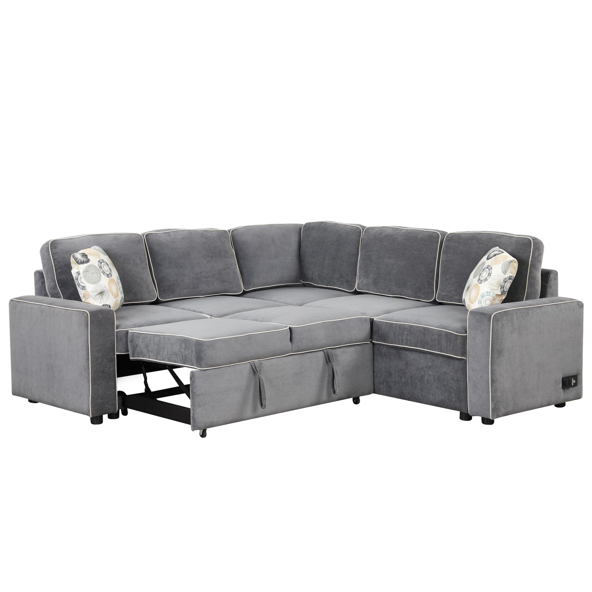 83" L-Shaped Pull Out Sofa Bed Modern Convertible Sleeper Sofa with USB Ports, Power Sockets, and Pillows - Gray Sensual Secret Boutique