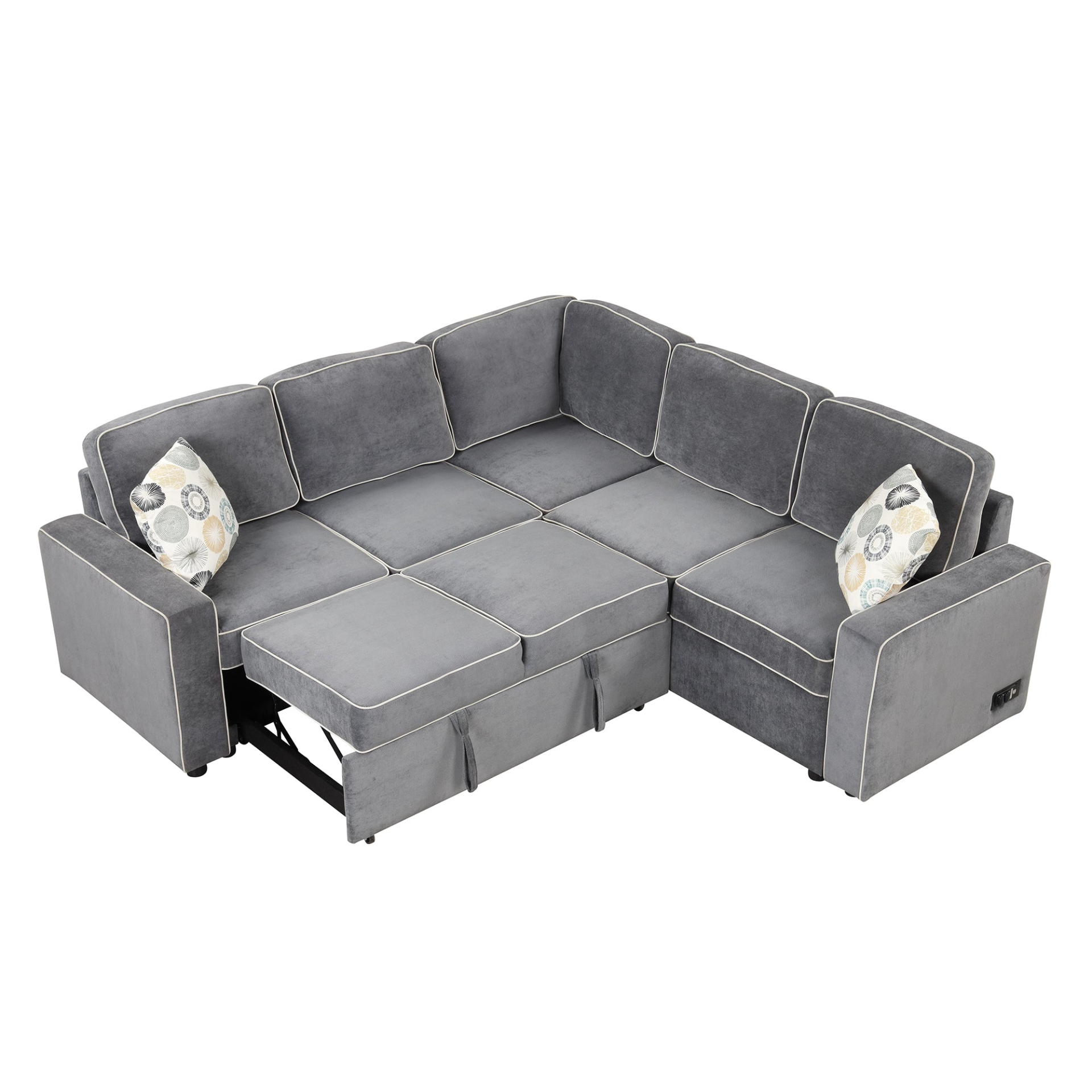 83" L-Shaped Pull Out Sofa Bed Modern Convertible Sleeper Sofa with USB Ports, Power Sockets, and Pillows - Gray Sensual Secret Boutique