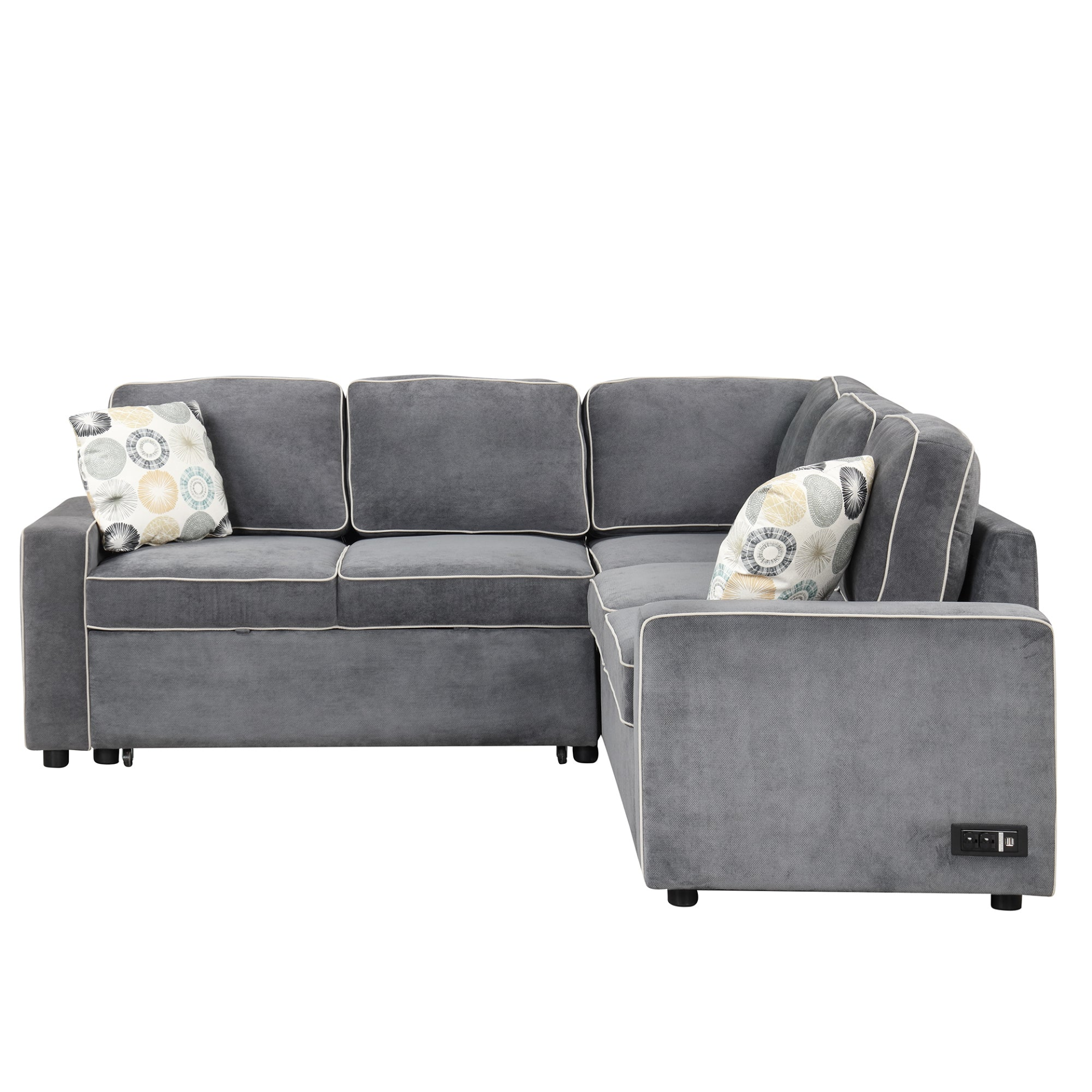 83" L-Shaped Pull Out Sofa Bed Modern Convertible Sleeper Sofa with USB Ports, Power Sockets, and Pillows - Gray Sensual Secret Boutique