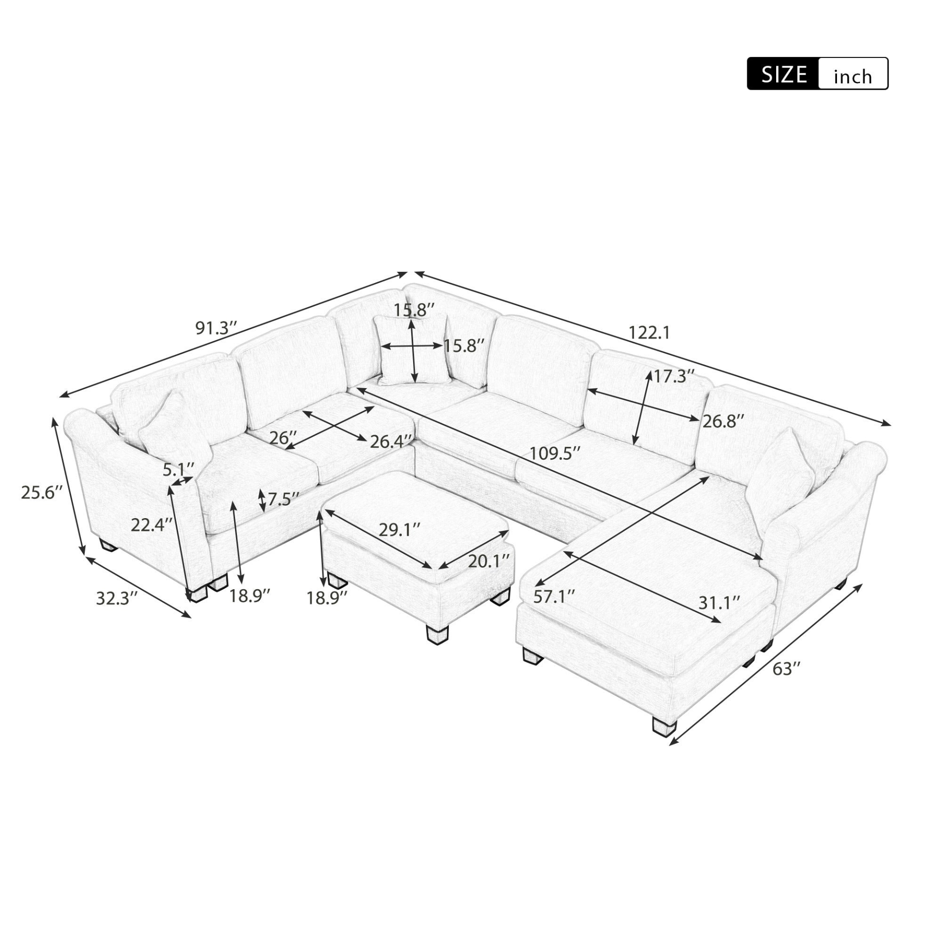 Modern and Cozy Design: 122.1" * 91.3" 4pcs Sectional Sofa with Ottoman - Velvet Fabric White Sensual Secret Boutique