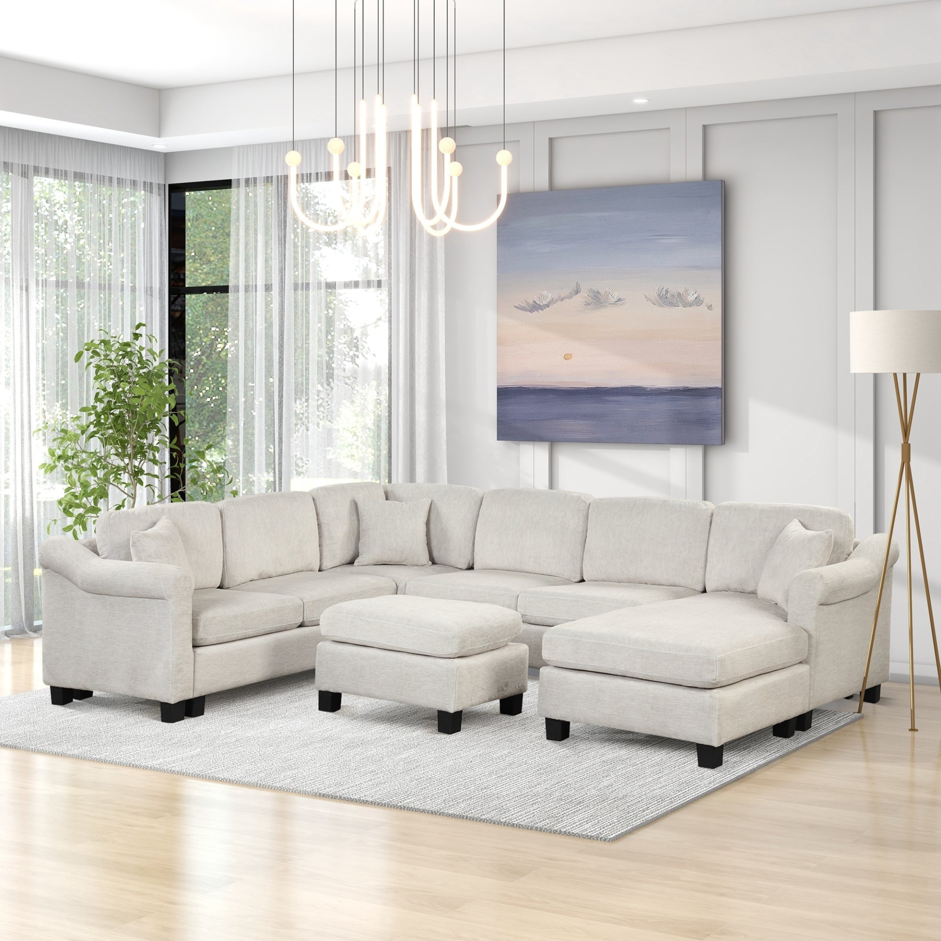 Modern and Cozy Design: 122.1" * 91.3" 4pcs Sectional Sofa with Ottoman - Velvet Fabric White Sensual Secret Boutique