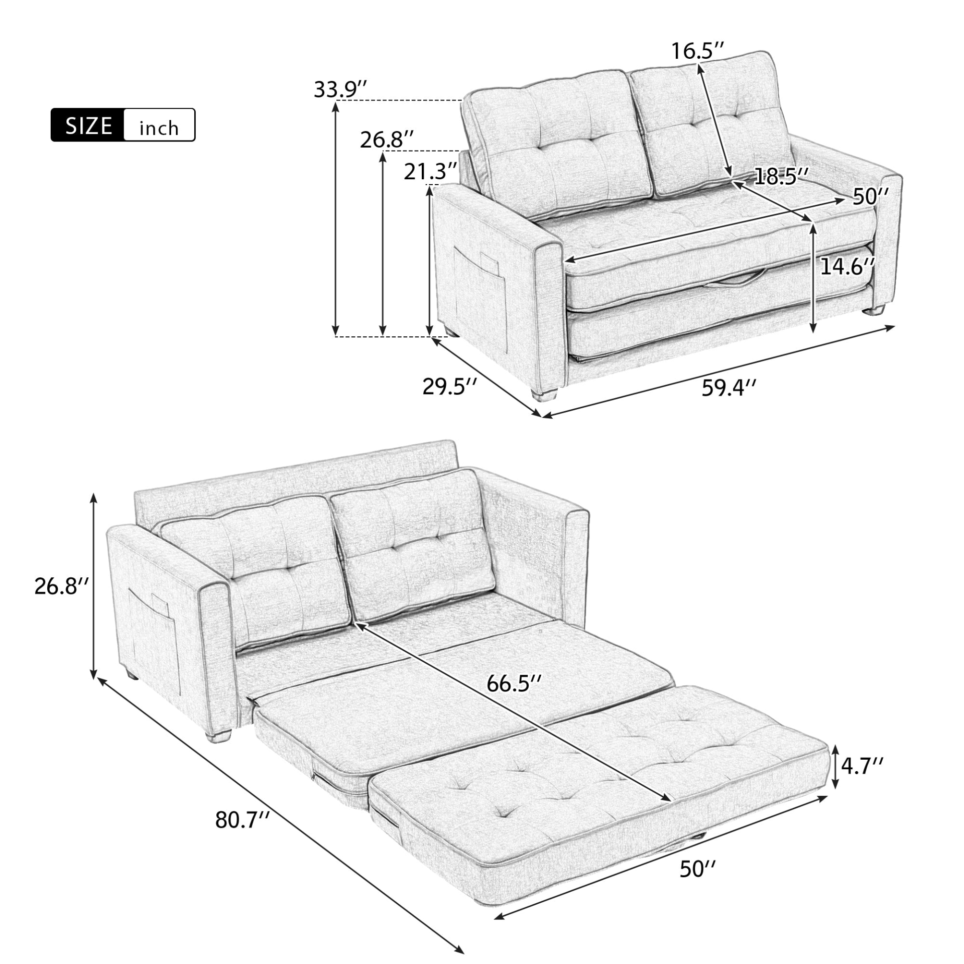 59.4" Loveseat Sofa with Pull-Out Bed Modern Upholstered Couch with Side Pocket for Living Room Office, Grey Sensual Secret Boutique