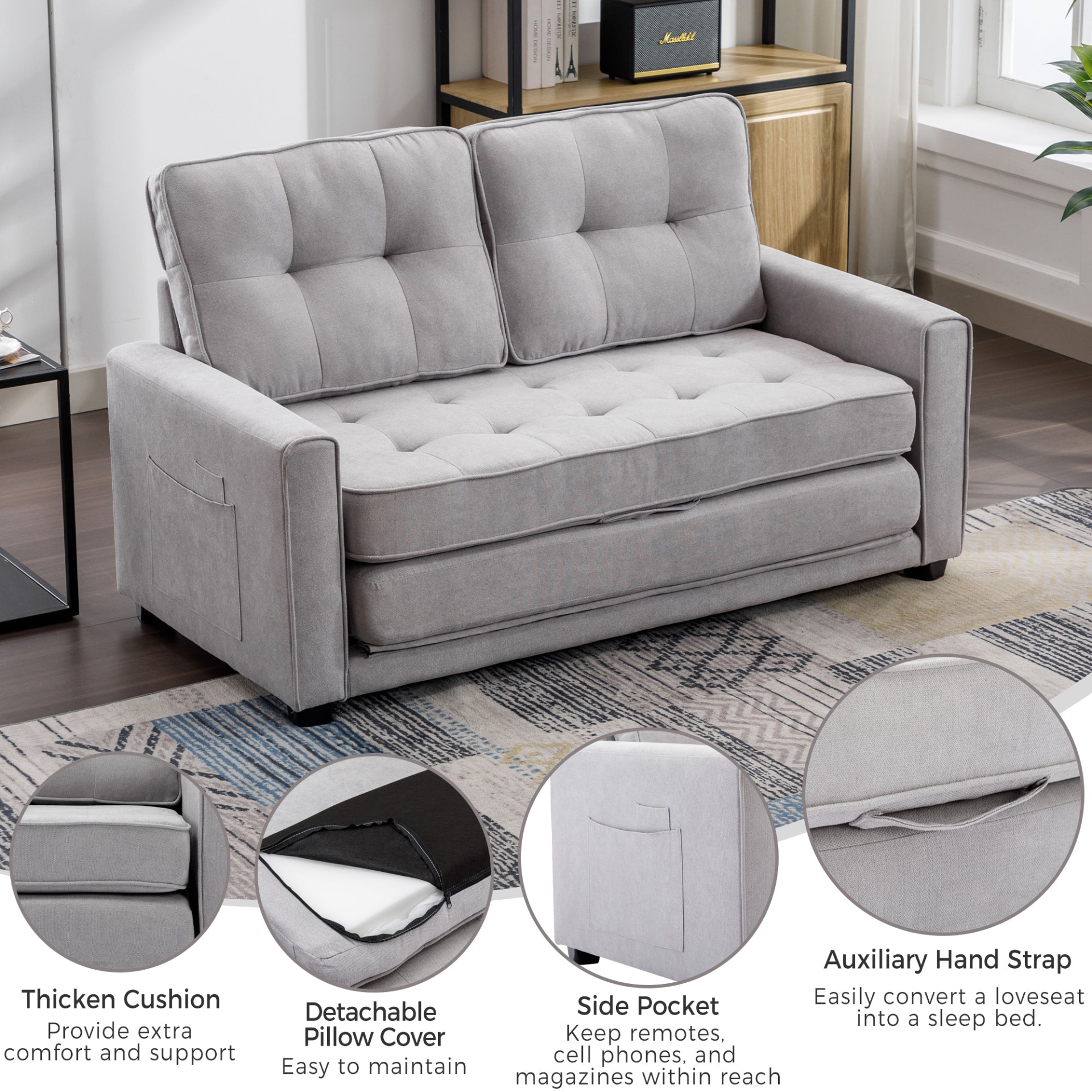 59.4" Loveseat Sofa with Pull-Out Bed Modern Upholstered Couch with Side Pocket for Living Room Office, Grey Sensual Secret Boutique