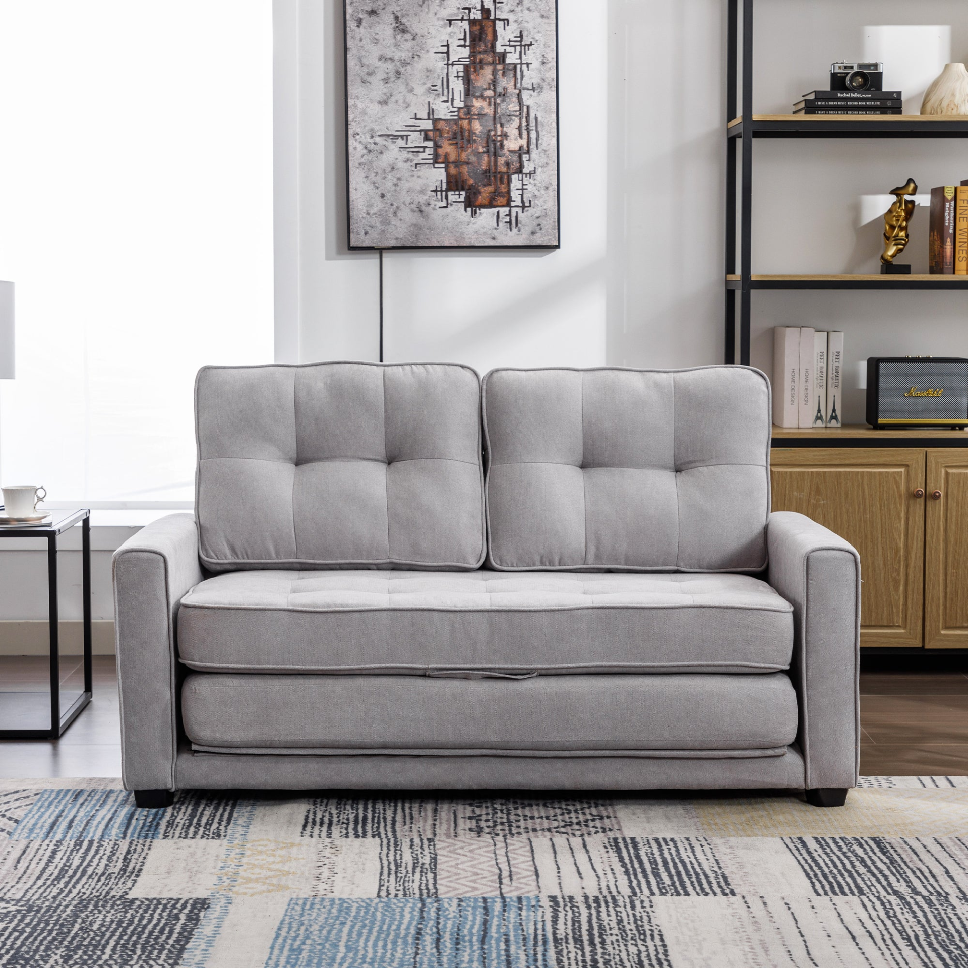 59.4" Loveseat Sofa with Pull-Out Bed Modern Upholstered Couch with Side Pocket for Living Room Office, Grey Sensual Secret Boutique