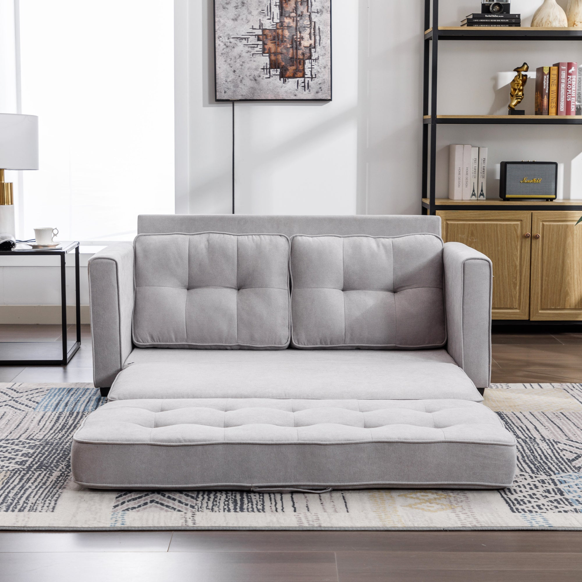 59.4" Loveseat Sofa with Pull-Out Bed Modern Upholstered Couch with Side Pocket for Living Room Office, Grey Sensual Secret Boutique