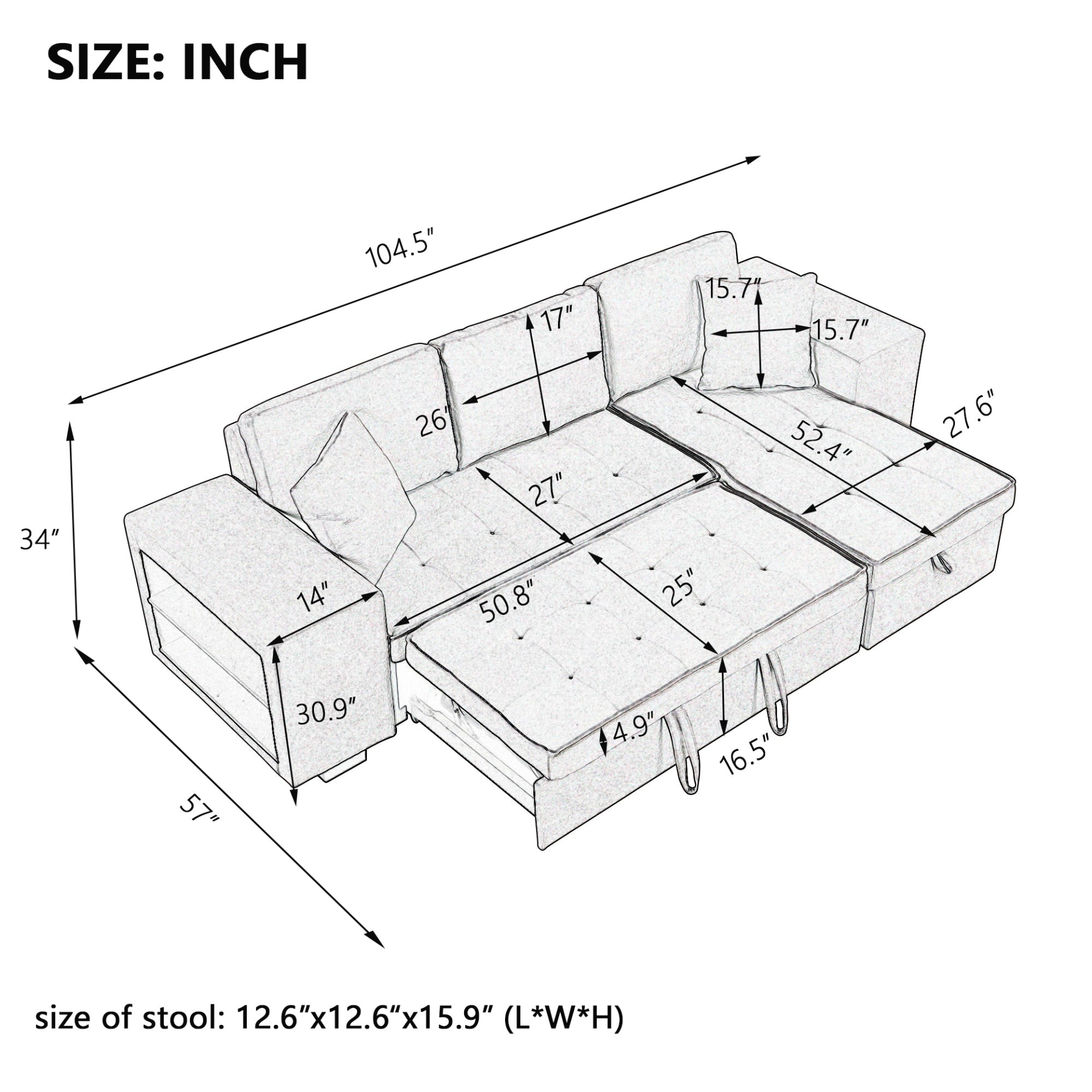 104" Pull Out Sleeper Sofa Reversible L-Shape Sectional Couch - Gray Sensual Secret Boutique