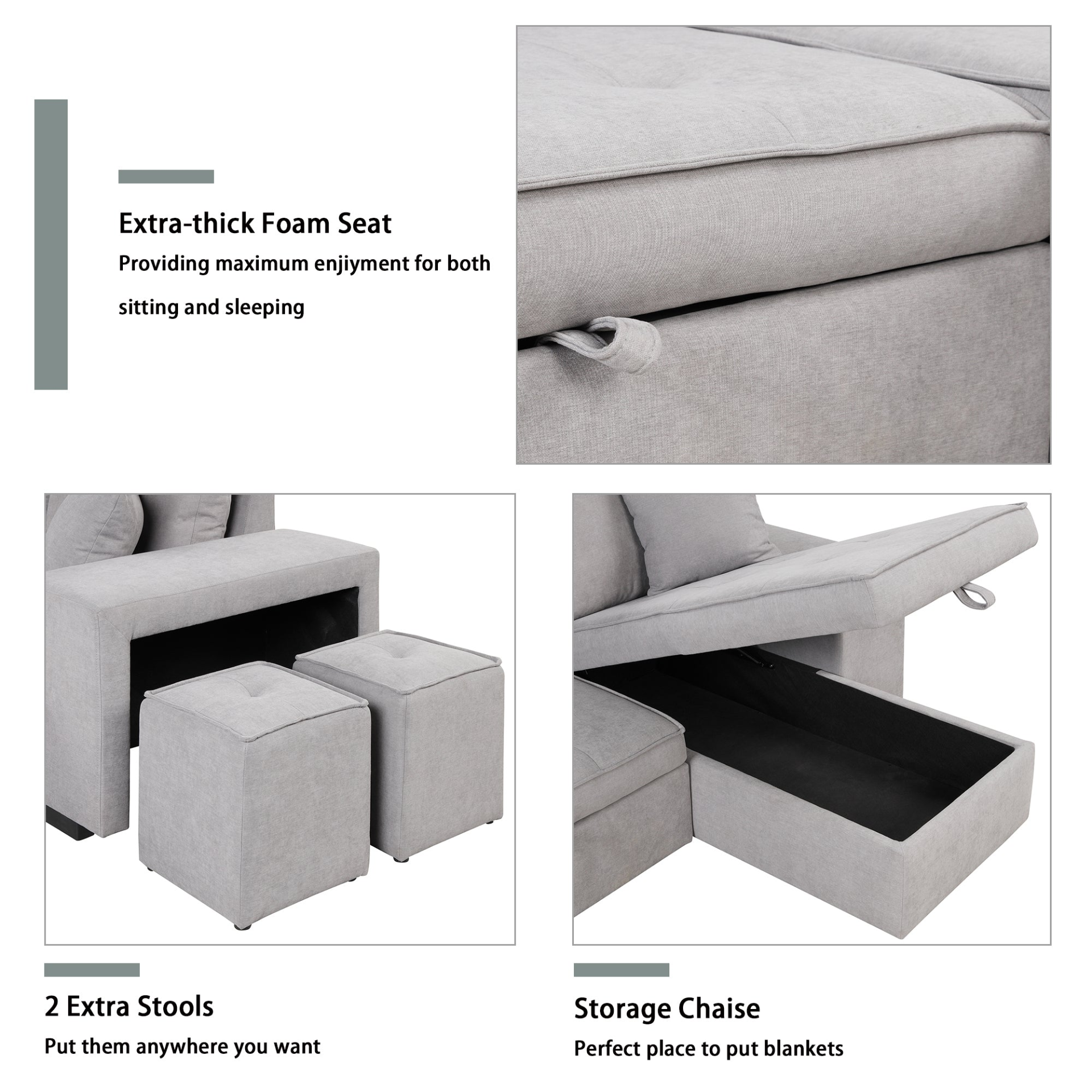 104" Pull Out Sleeper Sofa Reversible L-Shape Sectional Couch - Gray Sensual Secret Boutique