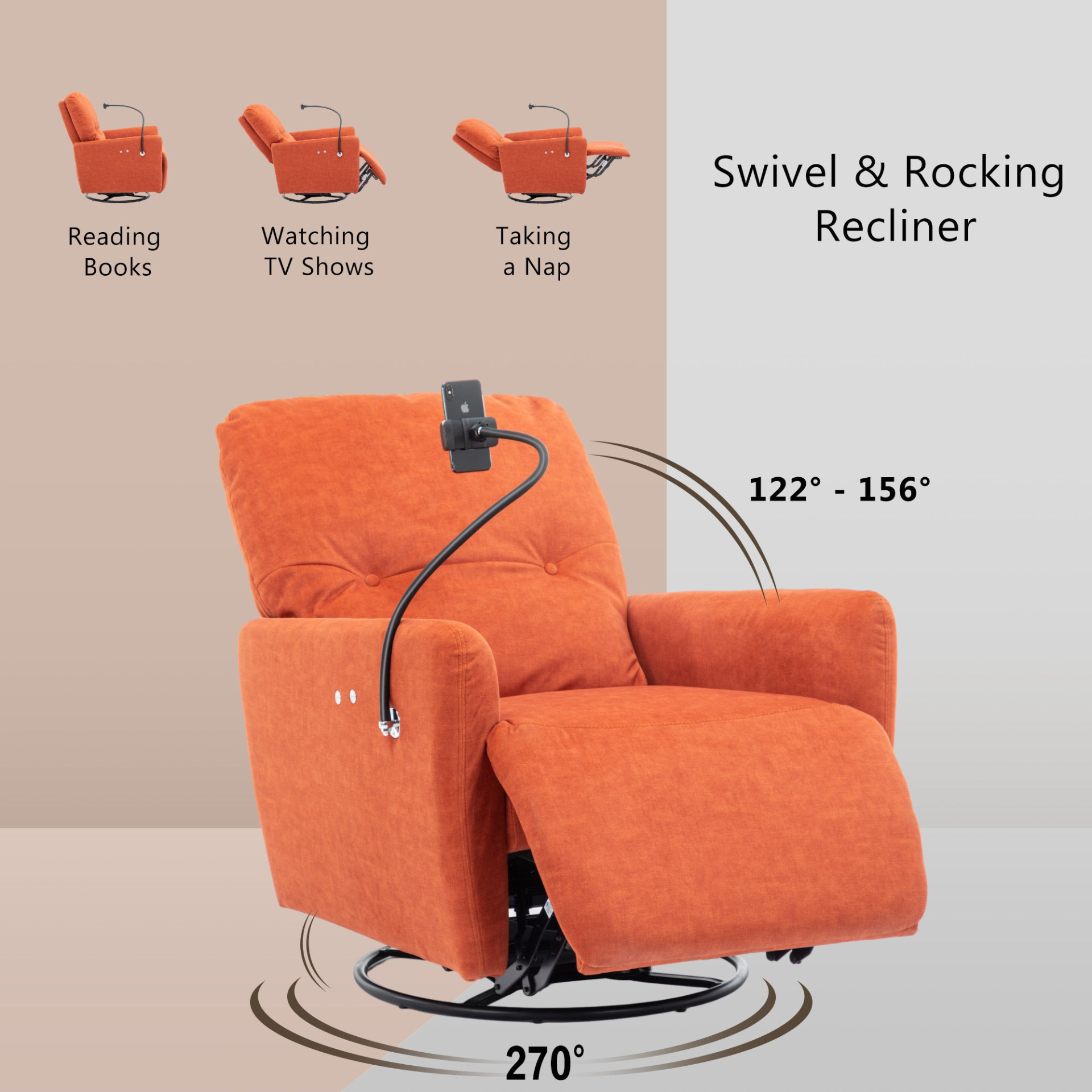 270 Degree Swivel Electric Recliner Home Theater Seating Single Reclining Sofa Rocking Motion Recliner with Phone Holder - Orange Sensual Secret Boutique