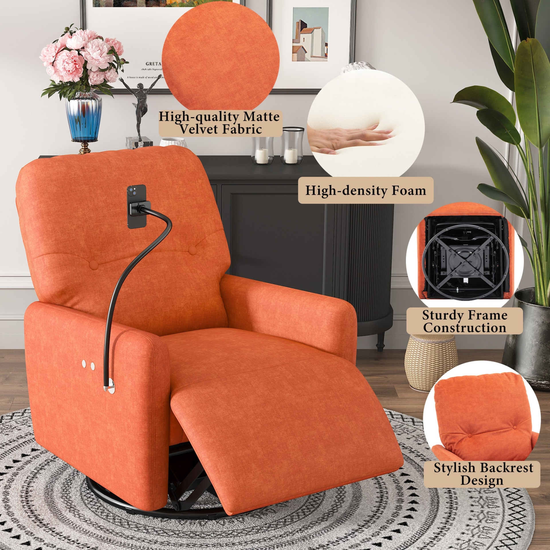 270 Degree Swivel Electric Recliner Home Theater Seating Single Reclining Sofa Rocking Motion Recliner with Phone Holder - Orange Sensual Secret Boutique