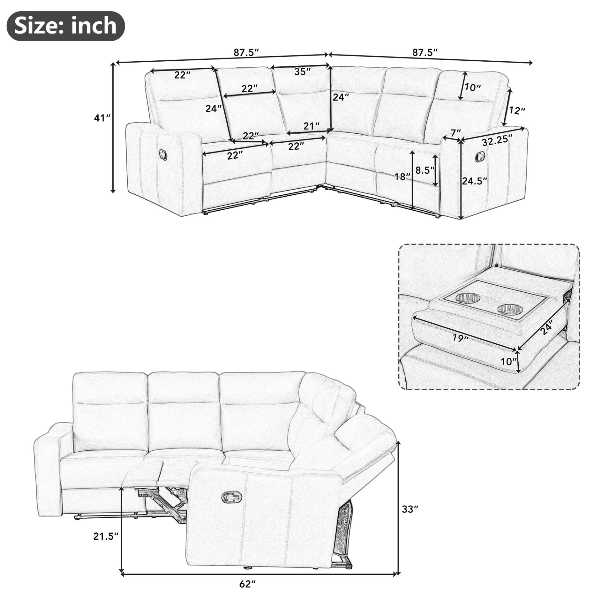 87.5" Manual Reclining Home Theater Seating Recliner Chair Sofa with Flipped Middle Backrest, 2 Cup Holders - Light Brown Sensual Secret Boutique